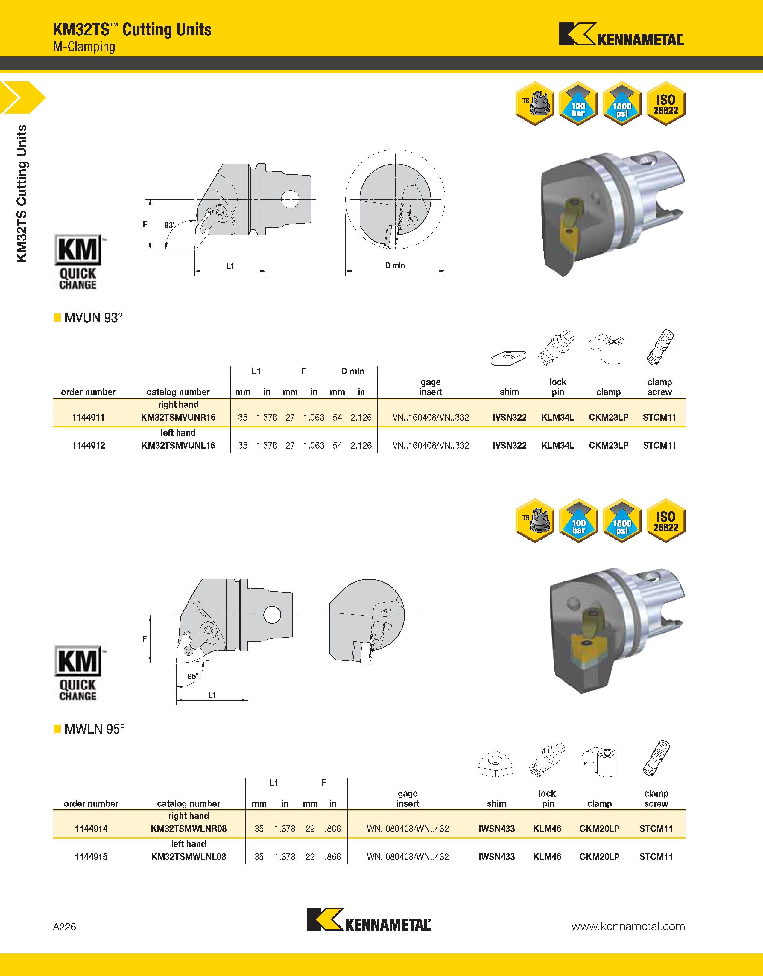 266 a KM32TS Cutting Units KM32TS Cutting Units M-Clamping Kennametal Ml iso I MVUN 93° order number catalog number mm L1 in mm F in D min mm in gage Каталог KENNAMETAL 2013 Инструментальная оснастка и вспомогательный инструмент для универсальных металлорежущих станков и обрабатывающих центров с ЧПУ Стр. A226