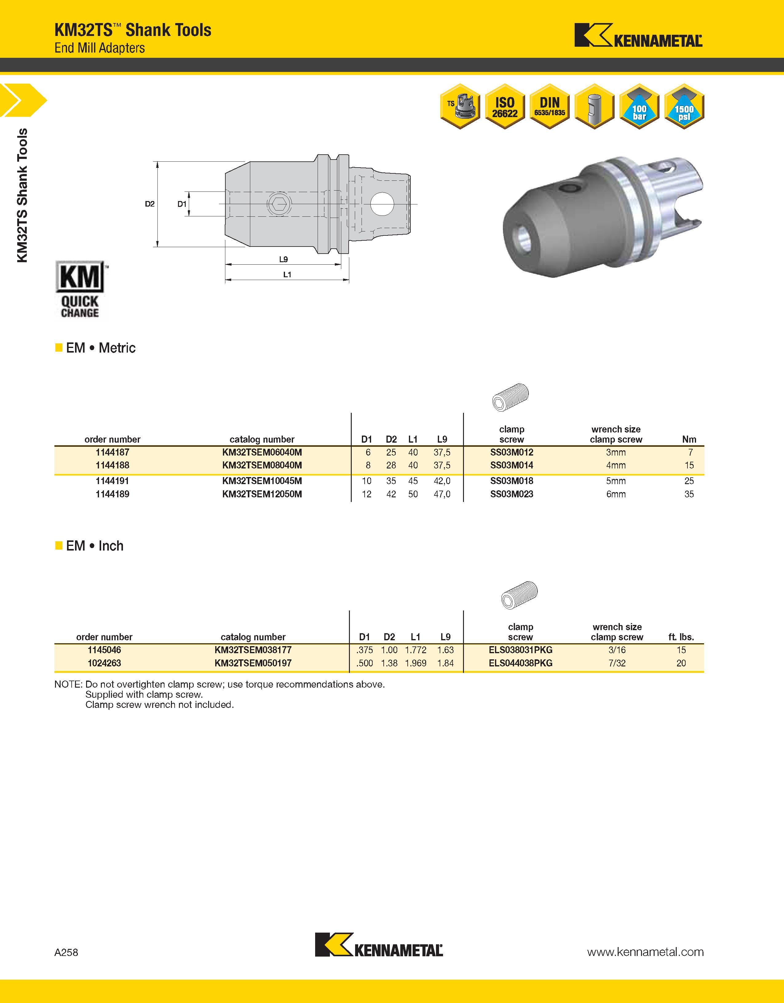 298 a KM32TS Shank Tools KM32TS Shank Tools End Mill Adapters Kennametal EM Metric order number catalog number D1 D2 L1 L9 clamp screw wrench size cl Каталог KENNAMETAL 2013 Инструментальная оснастка и вспомогательный инструмент для универсальных металлорежущих станков и обрабатывающих центров с ЧПУ Стр. A258