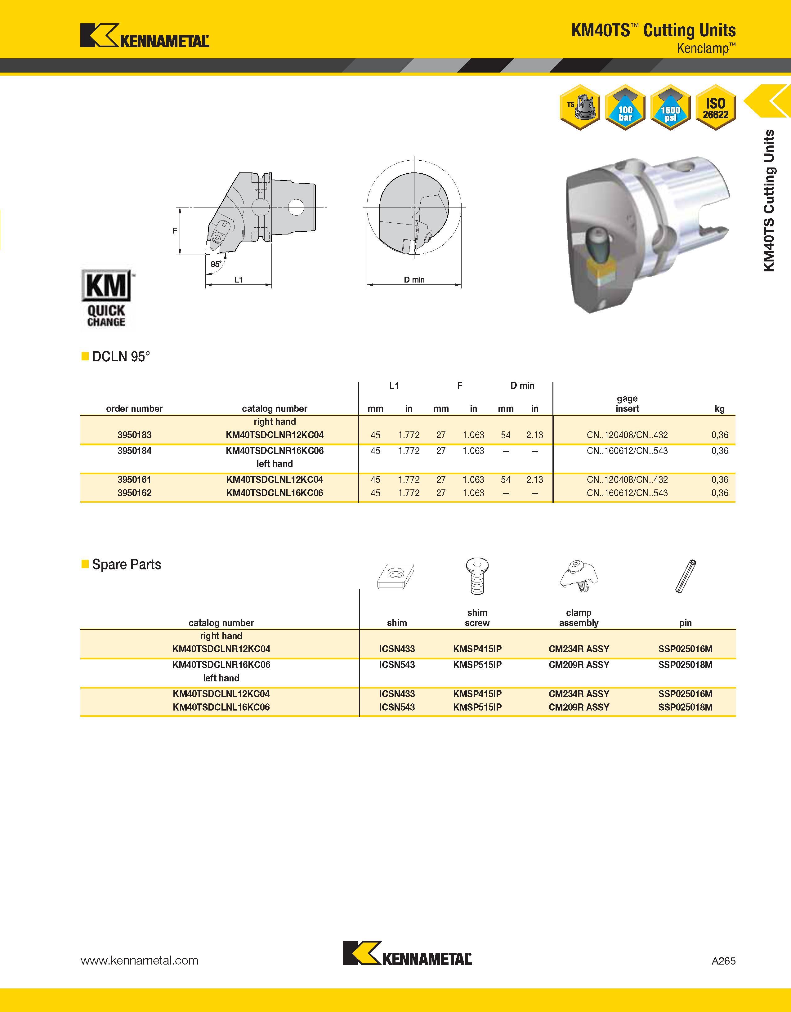 305 Kennametal KM40TS Cutting Units Kenclamp DCLN 95° L1 F D min order number catalog number mm in gage insert kg right hand 3950183 KM40TSDCLNR12KC0 Каталог KENNAMETAL 2013 Инструментальная оснастка и вспомогательный инструмент для универсальных металлорежущих станков и обрабатывающих центров с ЧПУ Стр. A265