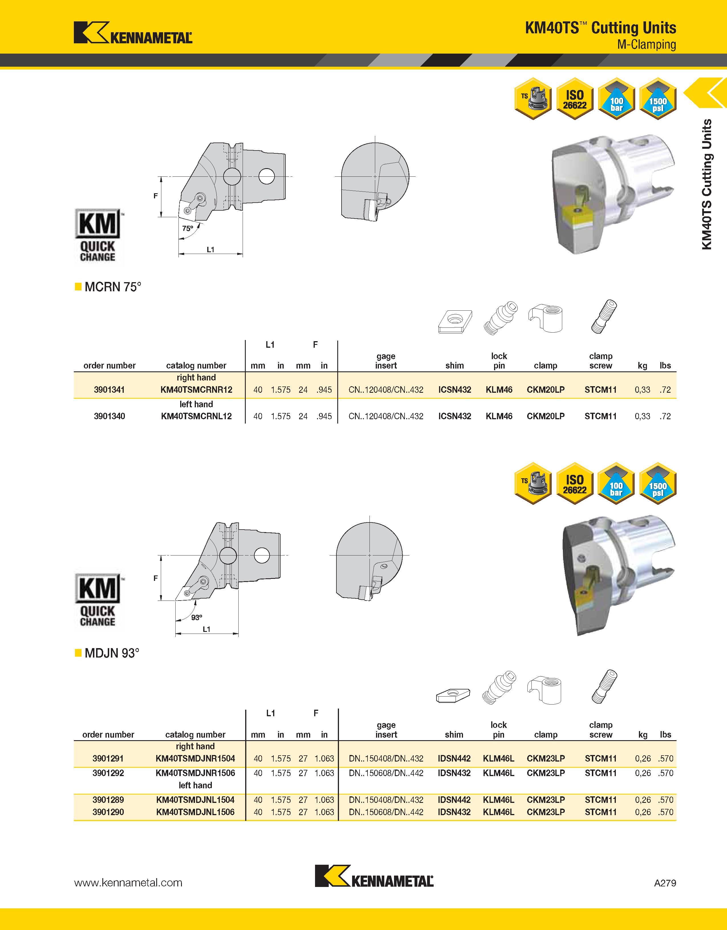 319 Kennametal KM40TS Cutting Units M-Clamping MCRN 75° order number catalog number L1 mm in mm F in gage insert shim lock pin clamp clamp screw kg l Каталог KENNAMETAL 2013 Инструментальная оснастка и вспомогательный инструмент для универсальных металлорежущих станков и обрабатывающих центров с ЧПУ Стр. A279