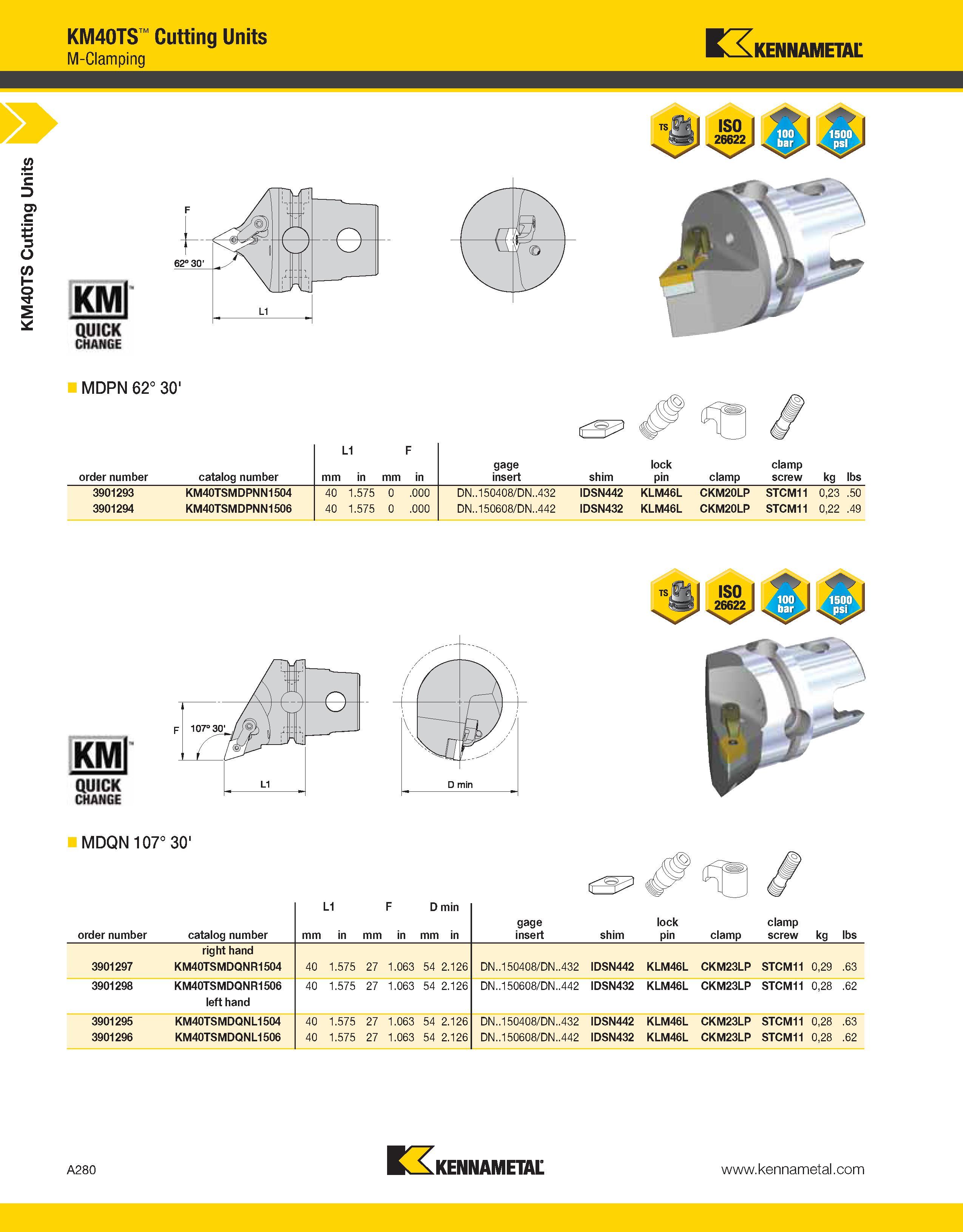 320 a KM40TS Cutting Units KM40TS Cutting Units M-Clamping Kennametal MDPN 62° 30' order number catalog number mm L1 in mm F in gage insert shim lock Каталог KENNAMETAL 2013 Инструментальная оснастка и вспомогательный инструмент для универсальных металлорежущих станков и обрабатывающих центров с ЧПУ Стр. A280