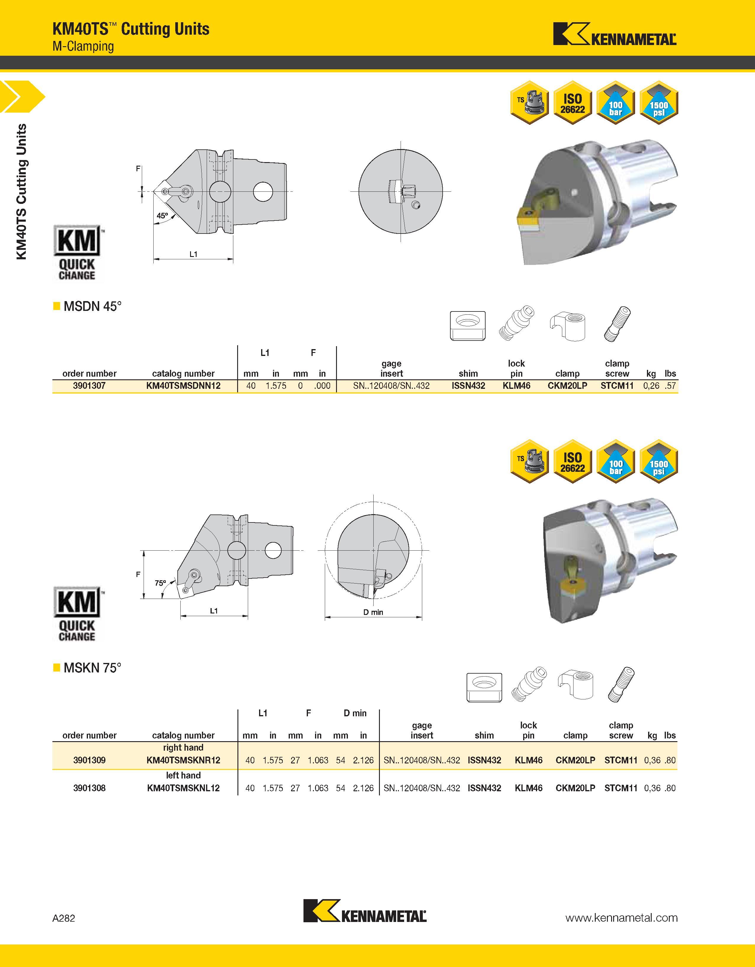 322 a KM40TS Cutting Units KM40TS Cutting Units M-Clamping Kennametal KMl QUICK CHANGE MSDN 45° order number catalog number L1 F mm in gage insert sh Каталог KENNAMETAL 2013 Инструментальная оснастка и вспомогательный инструмент для универсальных металлорежущих станков и обрабатывающих центров с ЧПУ Стр. A282