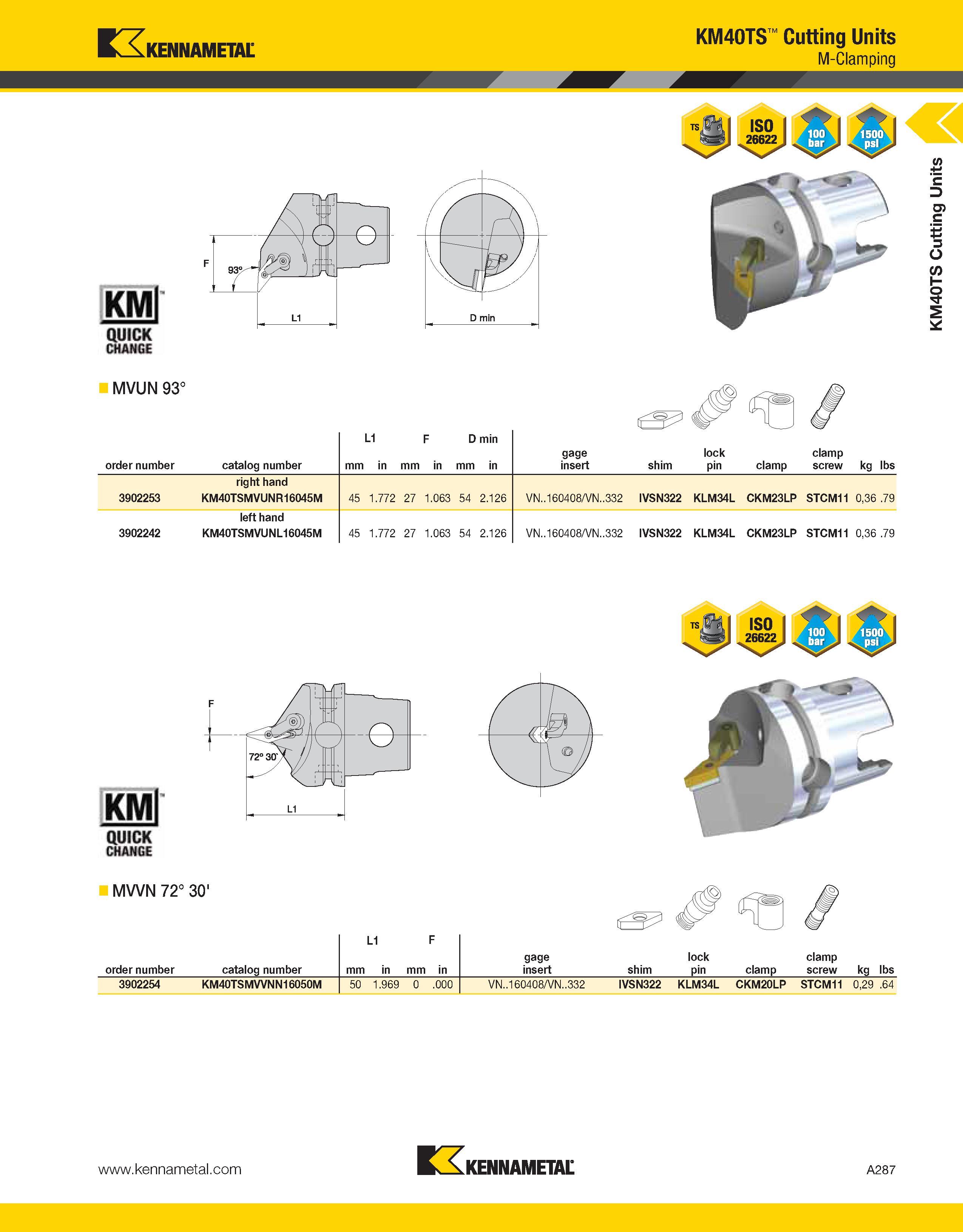 327 Kennametal MNGE MVUN 93° KM40TS Cutting Units M-Clamping order number catalog number mm L1 in mm F in D min mm in gage insert shim lock pin clamp Каталог KENNAMETAL 2013 Инструментальная оснастка и вспомогательный инструмент для универсальных металлорежущих станков и обрабатывающих центров с ЧПУ Стр. A287