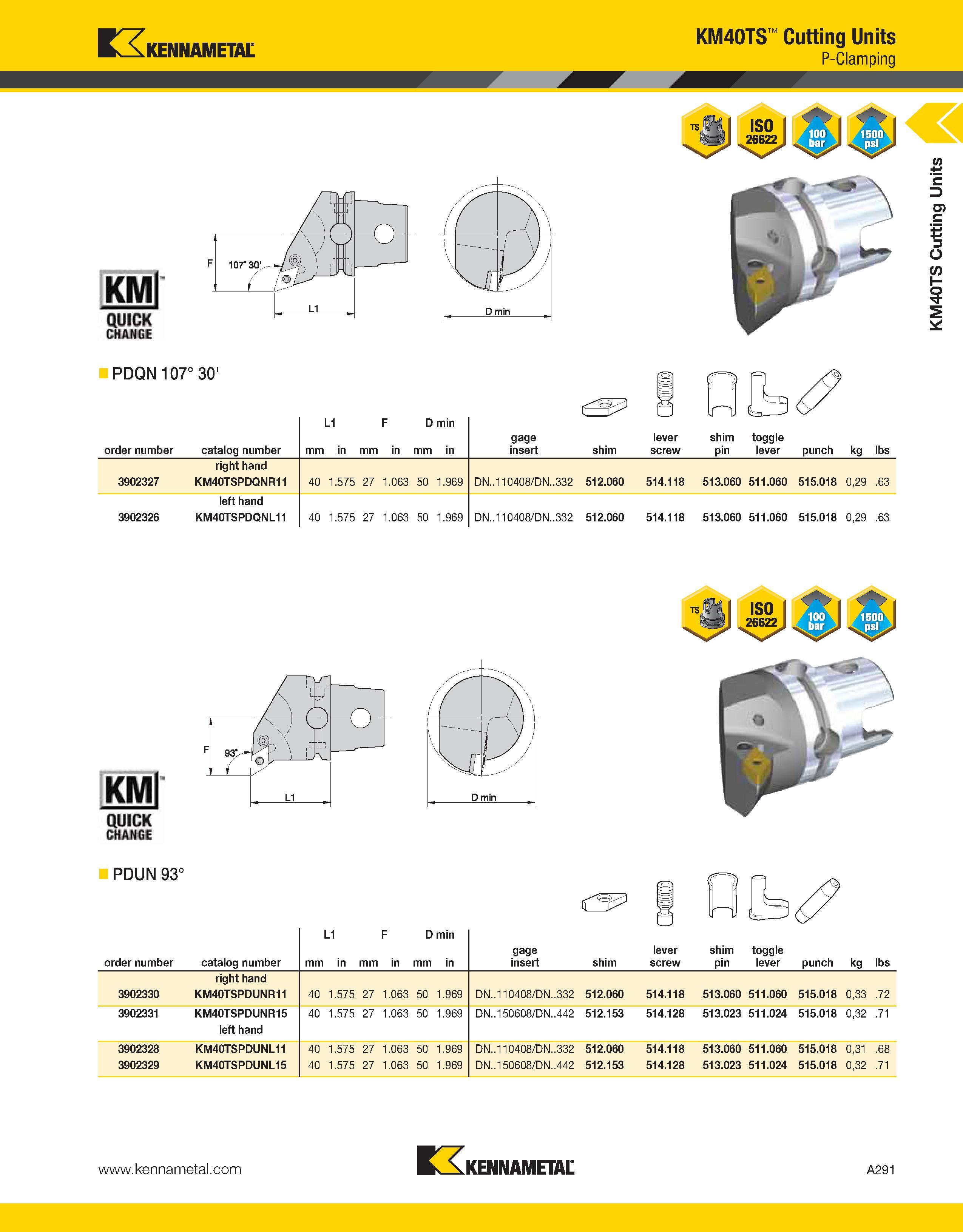 331 Kennametal KMl QUJCK CHANGE KM40TS Cutting Units P-Clamping PDQN 107° 30' order number catalog number mm L1 in mm F in D min mm in gage insert sh Каталог KENNAMETAL 2013 Инструментальная оснастка и вспомогательный инструмент для универсальных металлорежущих станков и обрабатывающих центров с ЧПУ Стр. A291