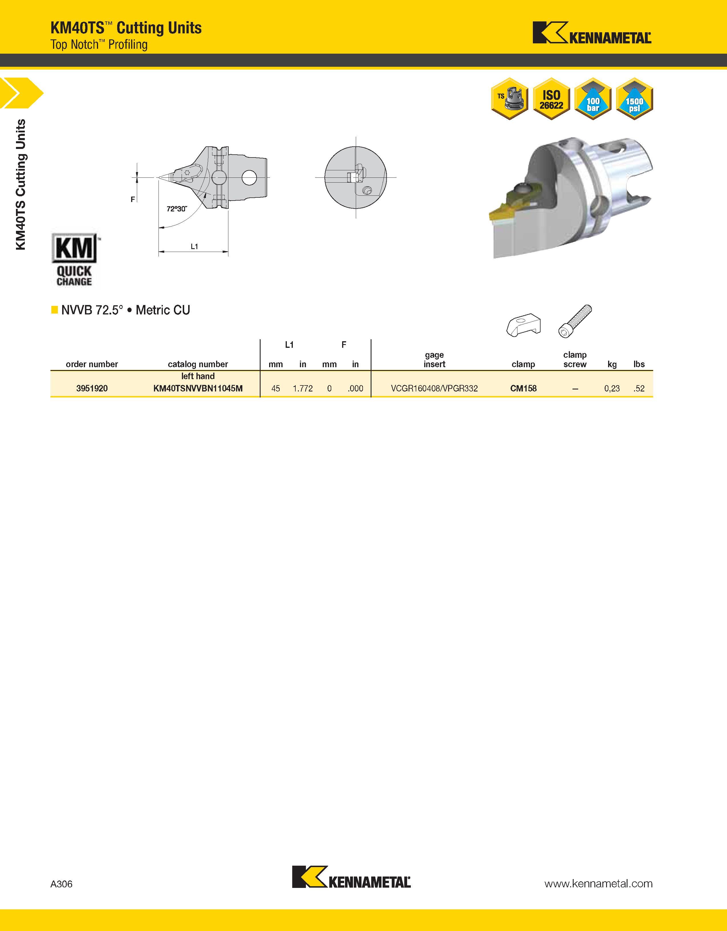346 a KM40TS Cutting Units KM40TS Cutting Units Top Notch Profiling Kennametal NVVB 72 5° Metric CU order number catalog number L1 F mm in gage inser Каталог KENNAMETAL 2013 Инструментальная оснастка и вспомогательный инструмент для универсальных металлорежущих станков и обрабатывающих центров с ЧПУ Стр. A306