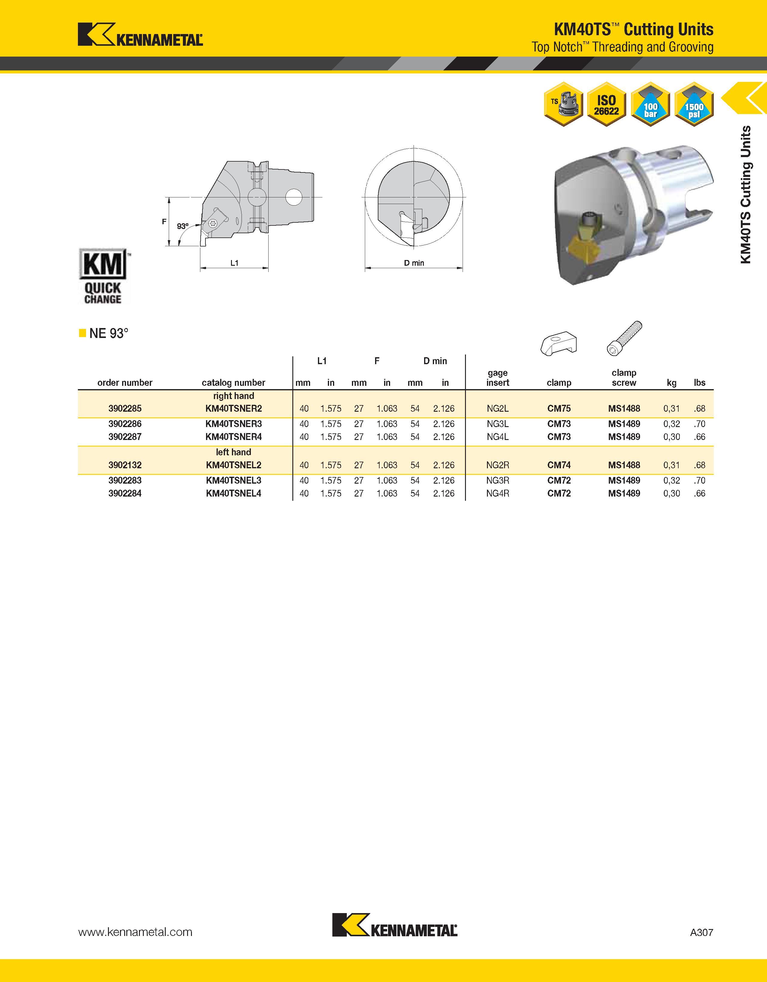 347 Kennametal KMl QUJCK CHANGE NE 93° KM40TS Cutting Units Top Notch Threading and Grooving order number catalog number mm L1 in mm F in D mm min in Каталог KENNAMETAL 2013 Инструментальная оснастка и вспомогательный инструмент для универсальных металлорежущих станков и обрабатывающих центров с ЧПУ Стр. A307