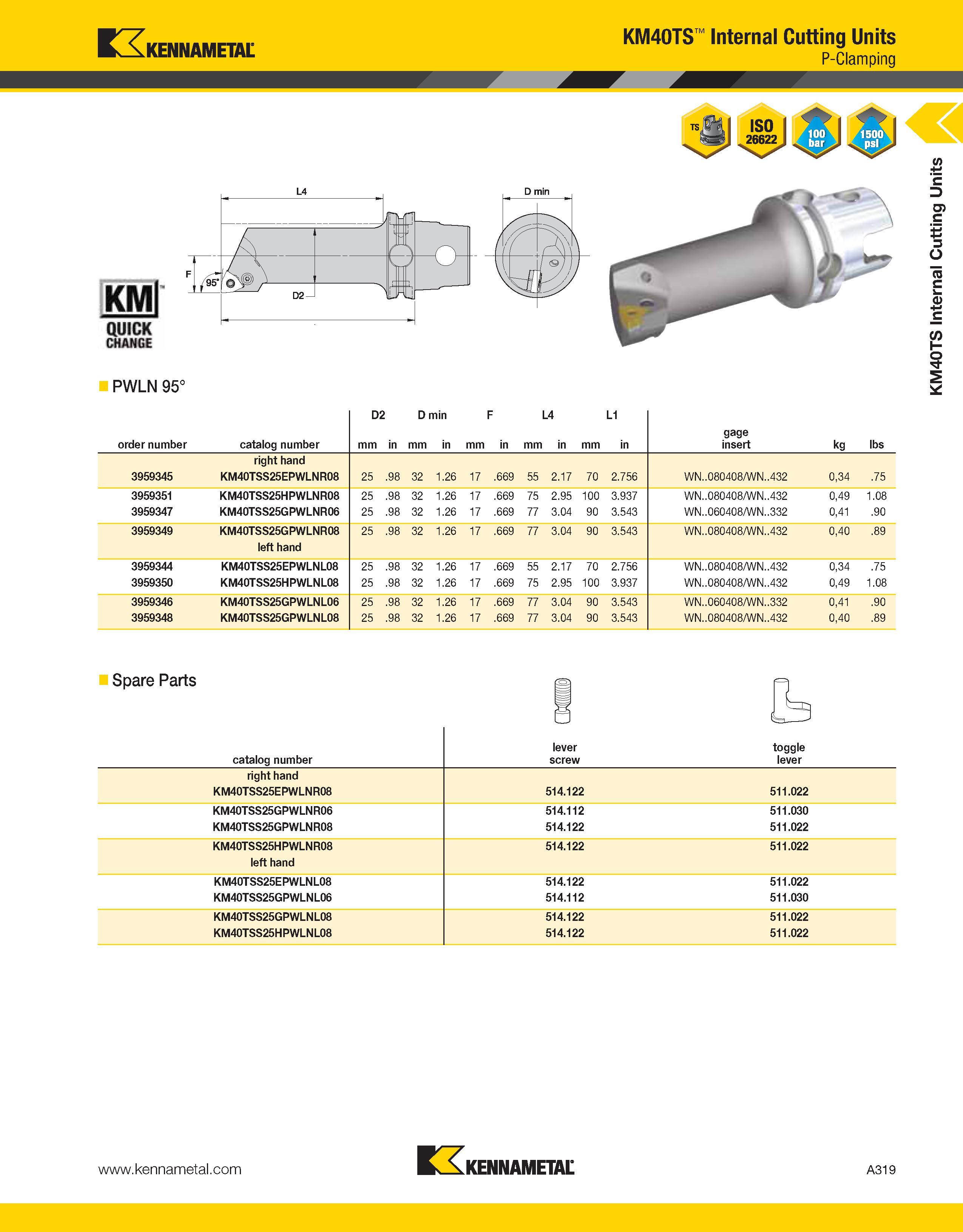 359 Kennametal KMl QUJCK CHANGE KM40TS Internal Cutting Units P-Clamping PWLN 95° order number catalog number D2 mm in D min mm in mm F in mm L4 in m Каталог KENNAMETAL 2013 Инструментальная оснастка и вспомогательный инструмент для универсальных металлорежущих станков и обрабатывающих центров с ЧПУ Стр. A319