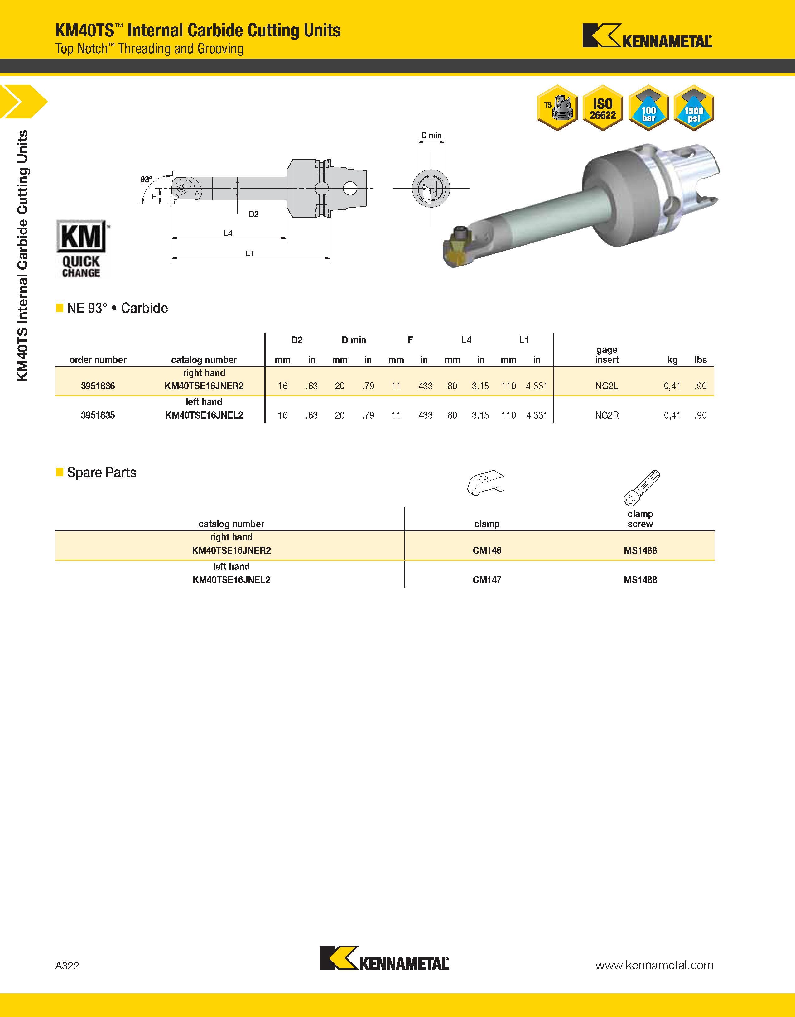 362 a KM40TS Internal Carbide Cutting Units KM40TS Internal Carbide Cutting Units Top Notch Threading and Grooving Kennametal KMl QUJCK CHANGE NE 93° Каталог KENNAMETAL 2013 Инструментальная оснастка и вспомогательный инструмент для универсальных металлорежущих станков и обрабатывающих центров с ЧПУ Стр. A322