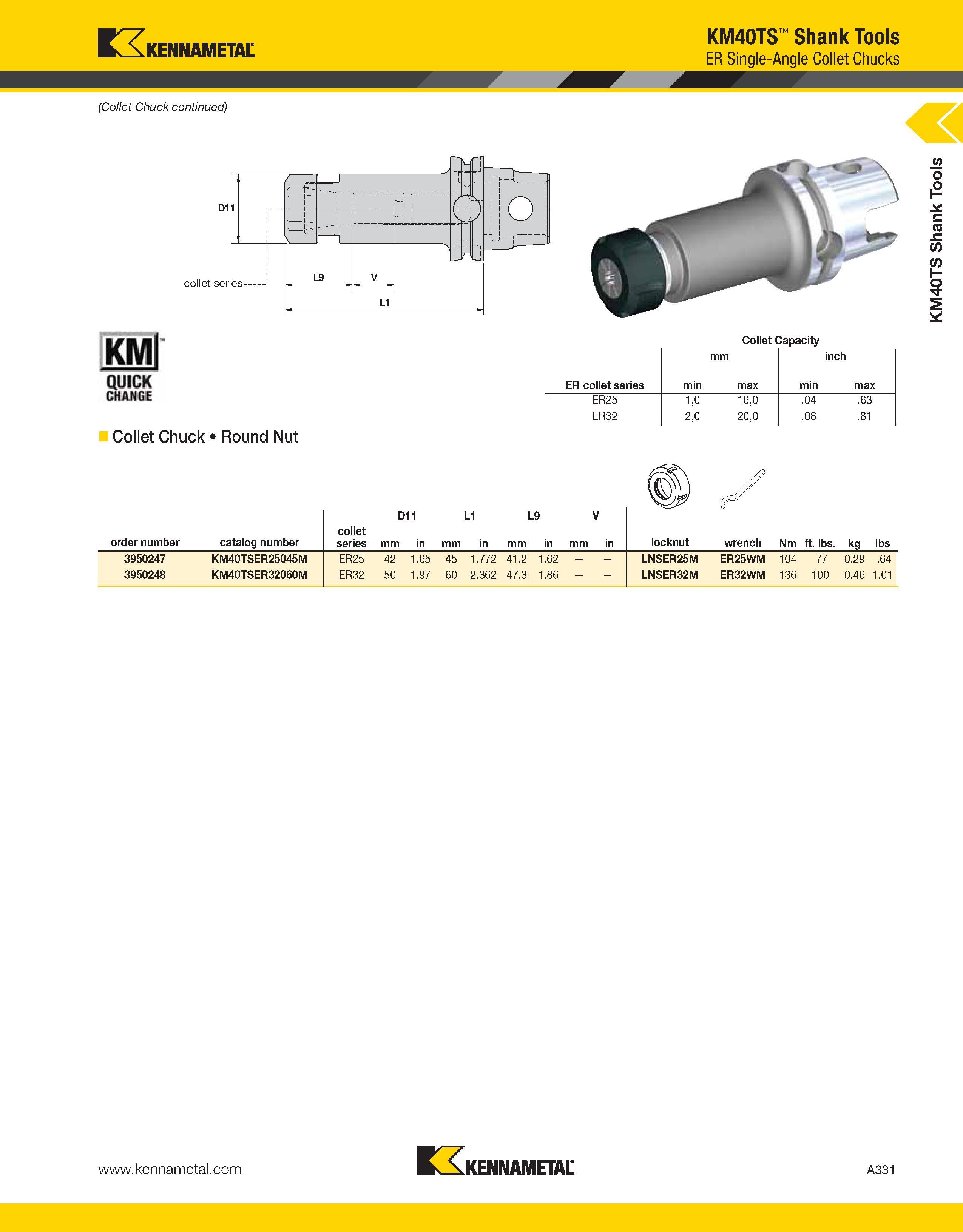 371 Kennametal KM40TS Shank Tools ER Single-Angle Collet Chucks (Collet Chuck continued) KMl QUJCK CHANGE Collet Capacity ER collet series min mm max Каталог KENNAMETAL 2013 Инструментальная оснастка и вспомогательный инструмент для универсальных металлорежущих станков и обрабатывающих центров с ЧПУ Стр. A331