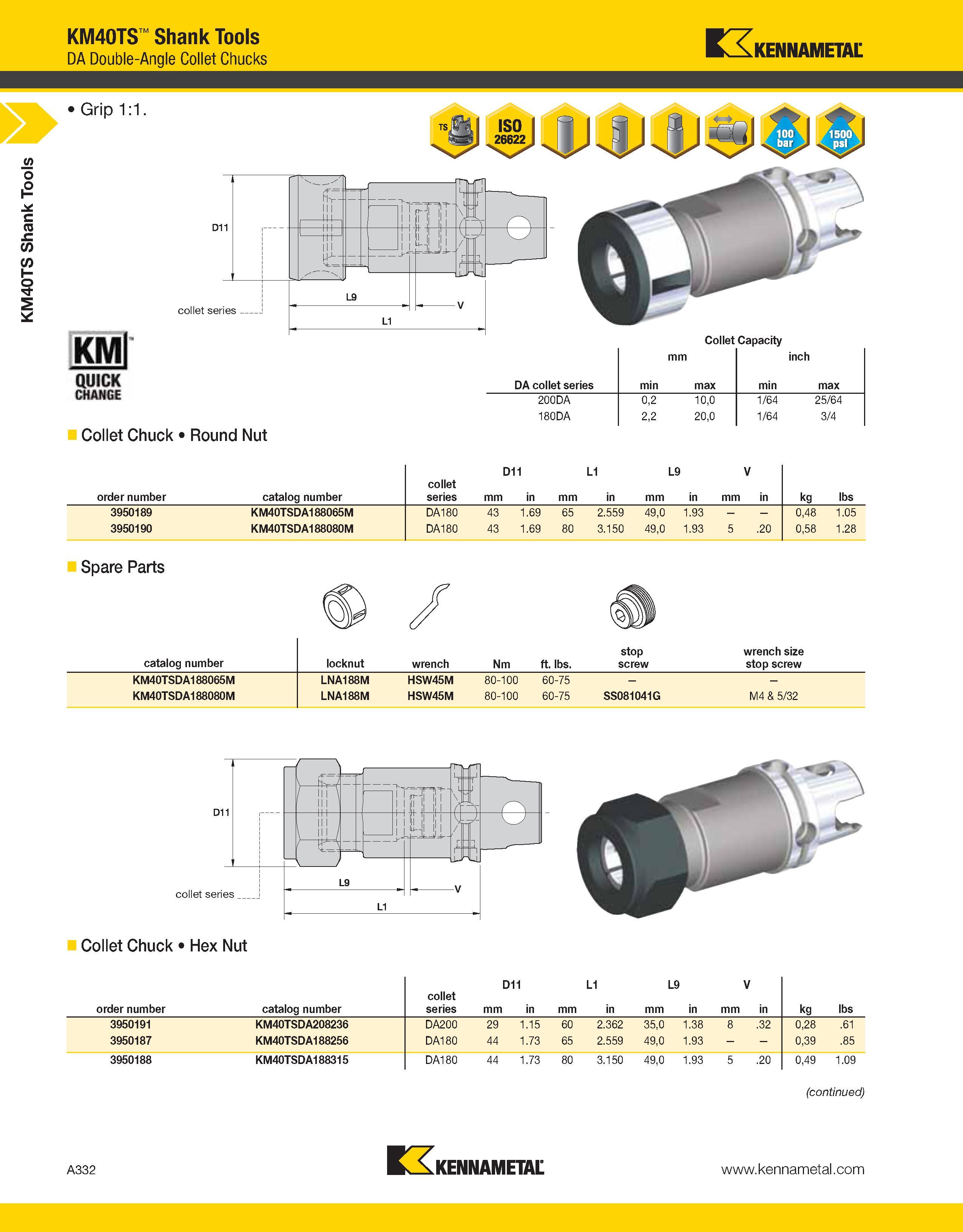 372 a KM40TS Shank Tools KM40TS Shank Tools DA Double-Angle Collet Chucks Kennametal Collet Chuck Round Nut order number catalog number collet series Каталог KENNAMETAL 2013 Инструментальная оснастка и вспомогательный инструмент для универсальных металлорежущих станков и обрабатывающих центров с ЧПУ Стр. A332