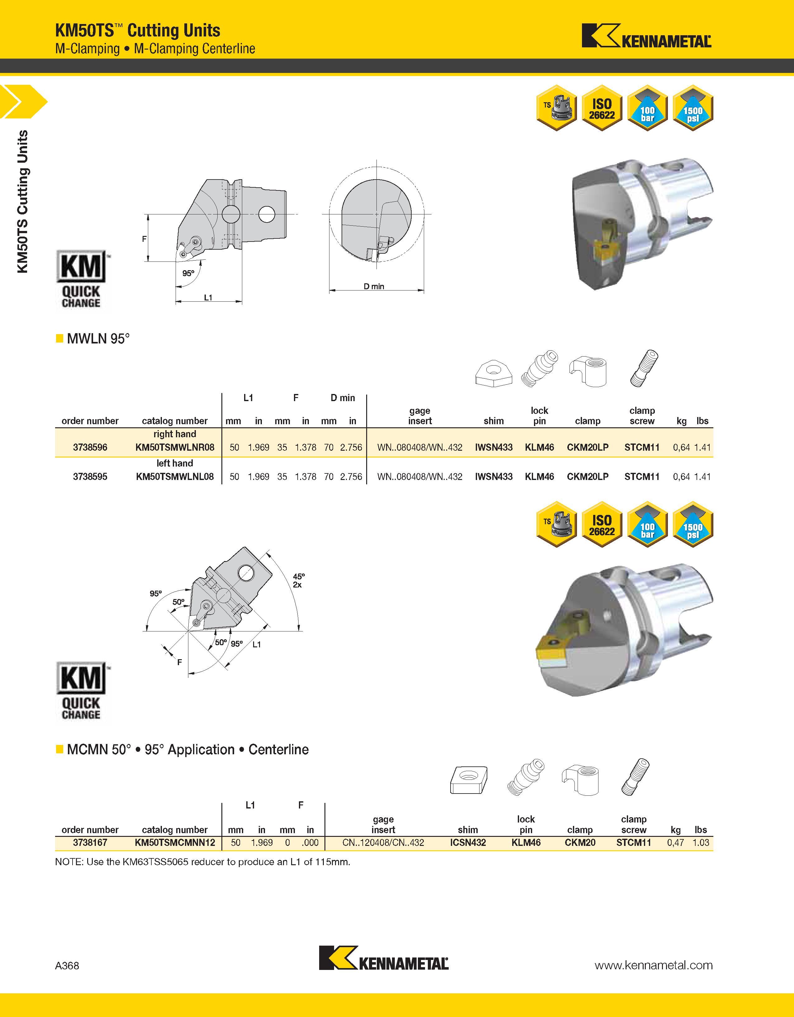 408 a KM50TS Cutting Units KM50TS Cutting Units M-Clamping M-Clamping Centerline Kennametal MWLN 95° order number catalog number mm L1 in mm F in D m Каталог KENNAMETAL 2013 Инструментальная оснастка и вспомогательный инструмент для универсальных металлорежущих станков и обрабатывающих центров с ЧПУ Стр. A368