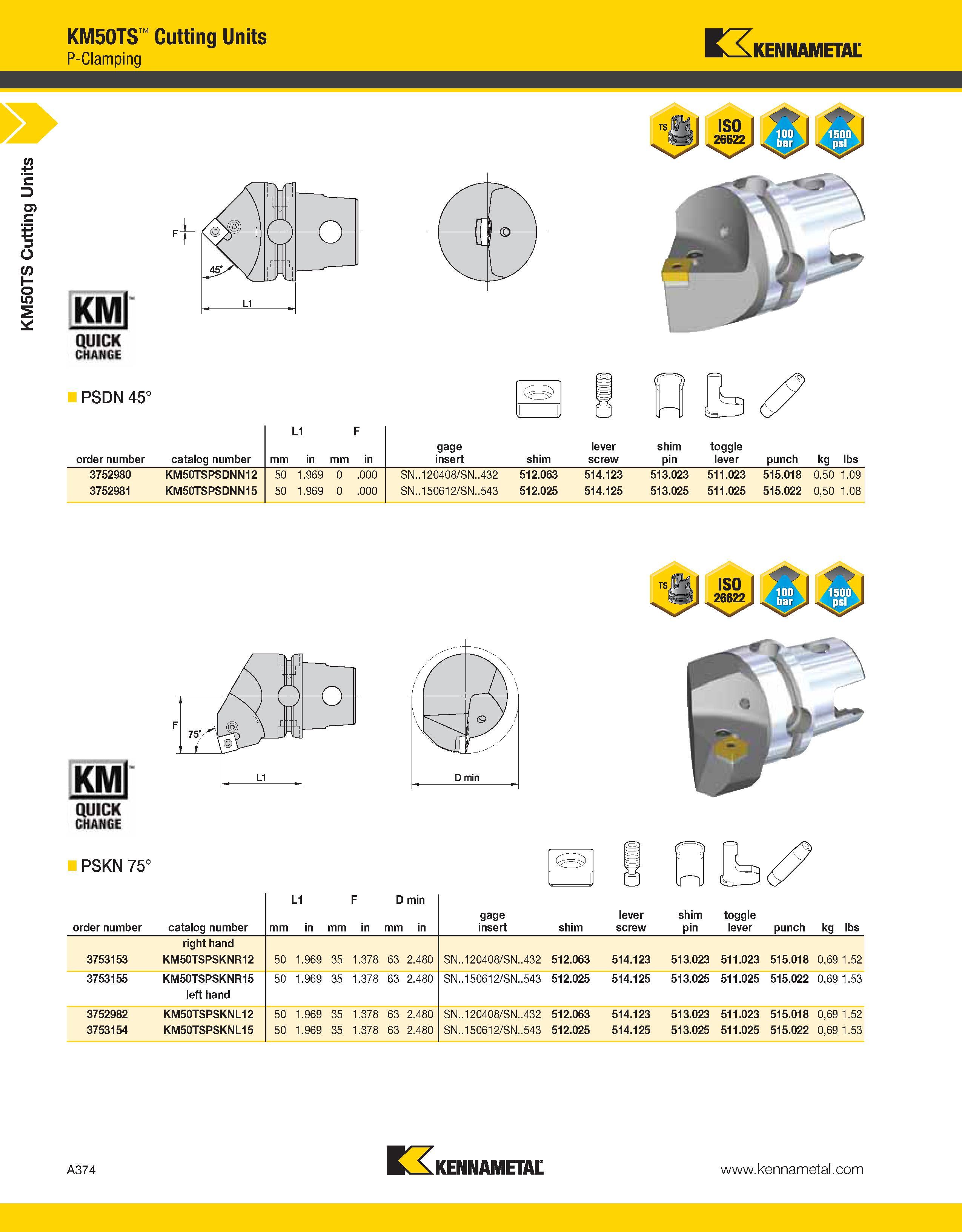 414 a KM50TS Cutting Units KM50TS Cutting Units P-Clamping Kennametal PSDN 45° 1 < 1 1 0 ' - order number catalog number mm L1 in F mm in gage insert Каталог KENNAMETAL 2013 Инструментальная оснастка и вспомогательный инструмент для универсальных металлорежущих станков и обрабатывающих центров с ЧПУ Стр. A374
