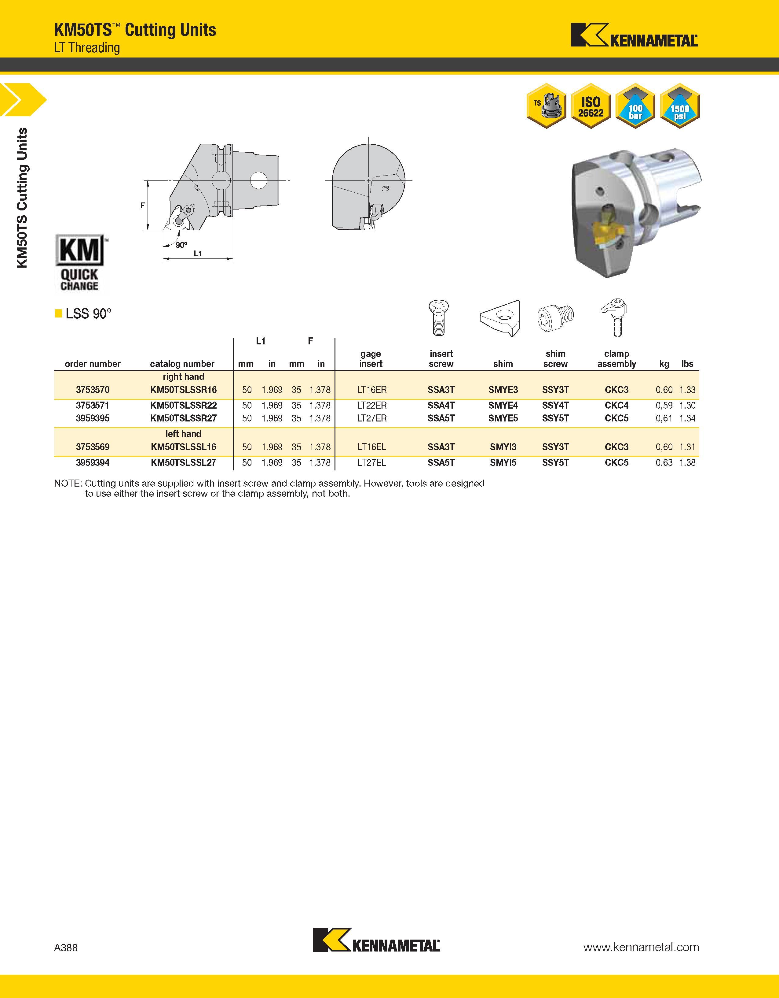 428 a KM50TS Cutting Units KM50TS Cutting Units LT Threading Kennametal LSS 90° order number catalog number mm L1 in mm F in gage insert insert screw Каталог KENNAMETAL 2013 Инструментальная оснастка и вспомогательный инструмент для универсальных металлорежущих станков и обрабатывающих центров с ЧПУ Стр. A388