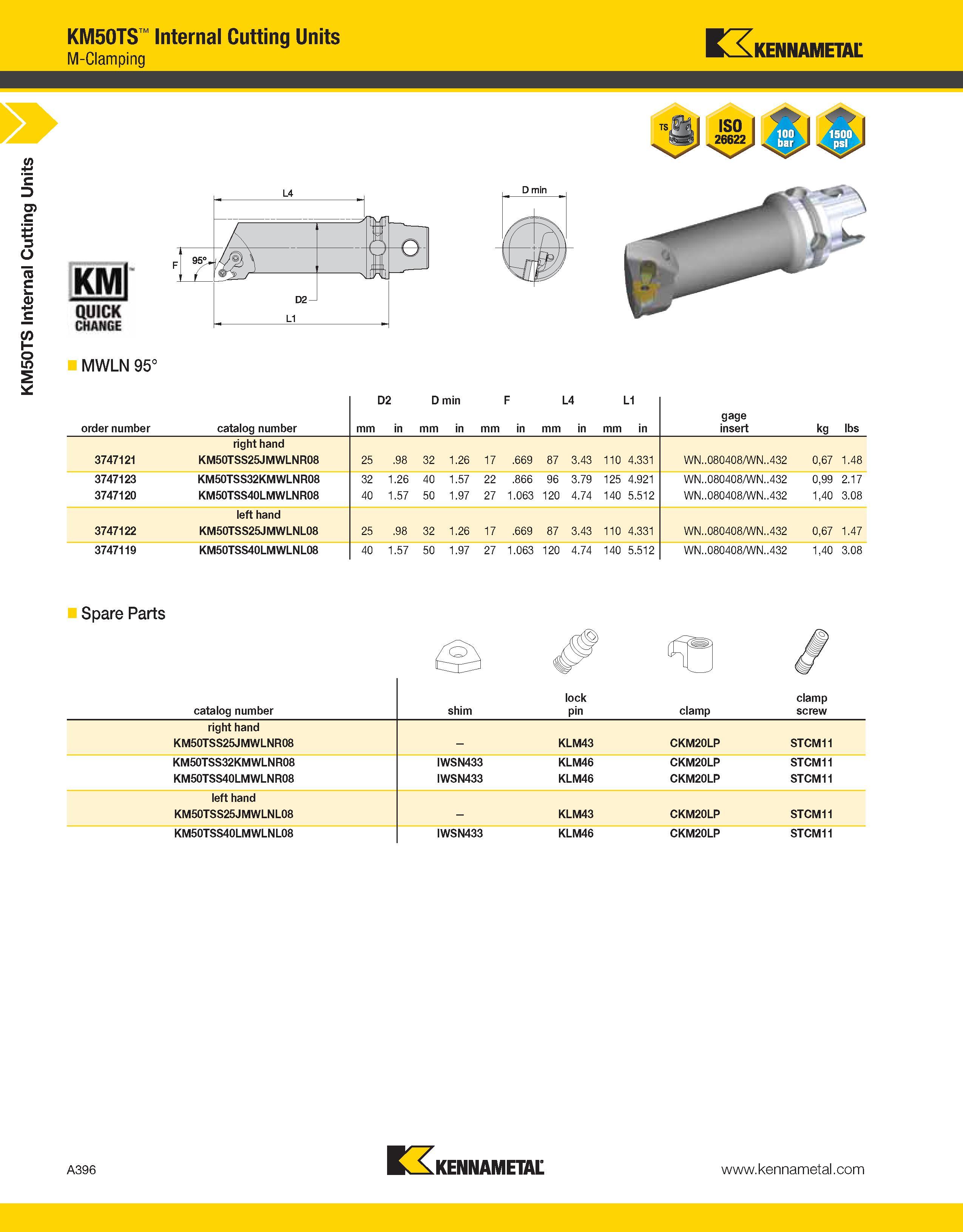 436 a KM50TS Internal Cutting Units KM50TS Internal Cutting Units M-Clamping Kennametal MWLN 95° order number catalog number mm D2 in D min mm in mm Каталог KENNAMETAL 2013 Инструментальная оснастка и вспомогательный инструмент для универсальных металлорежущих станков и обрабатывающих центров с ЧПУ Стр. A396