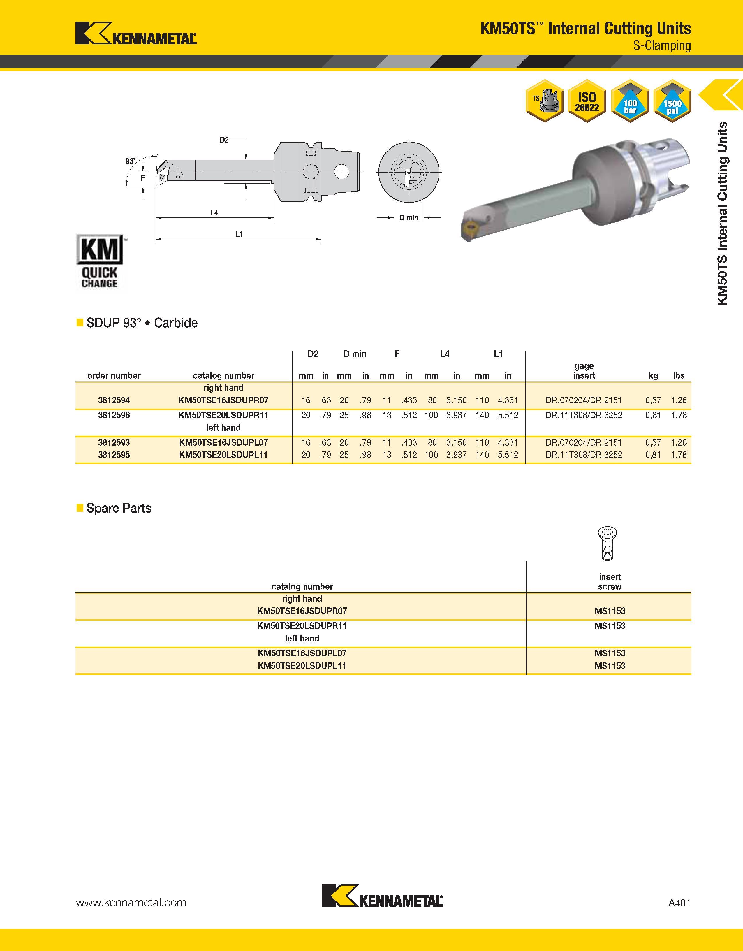 441 Kennametal D2 L4 KM50TS Internal Cutting Units S-Clamping SDUP 93° Carbide D2 D min F L4 L1 order number catalog number mm in gage insert kg lbs Каталог KENNAMETAL 2013 Инструментальная оснастка и вспомогательный инструмент для универсальных металлорежущих станков и обрабатывающих центров с ЧПУ Стр. A401