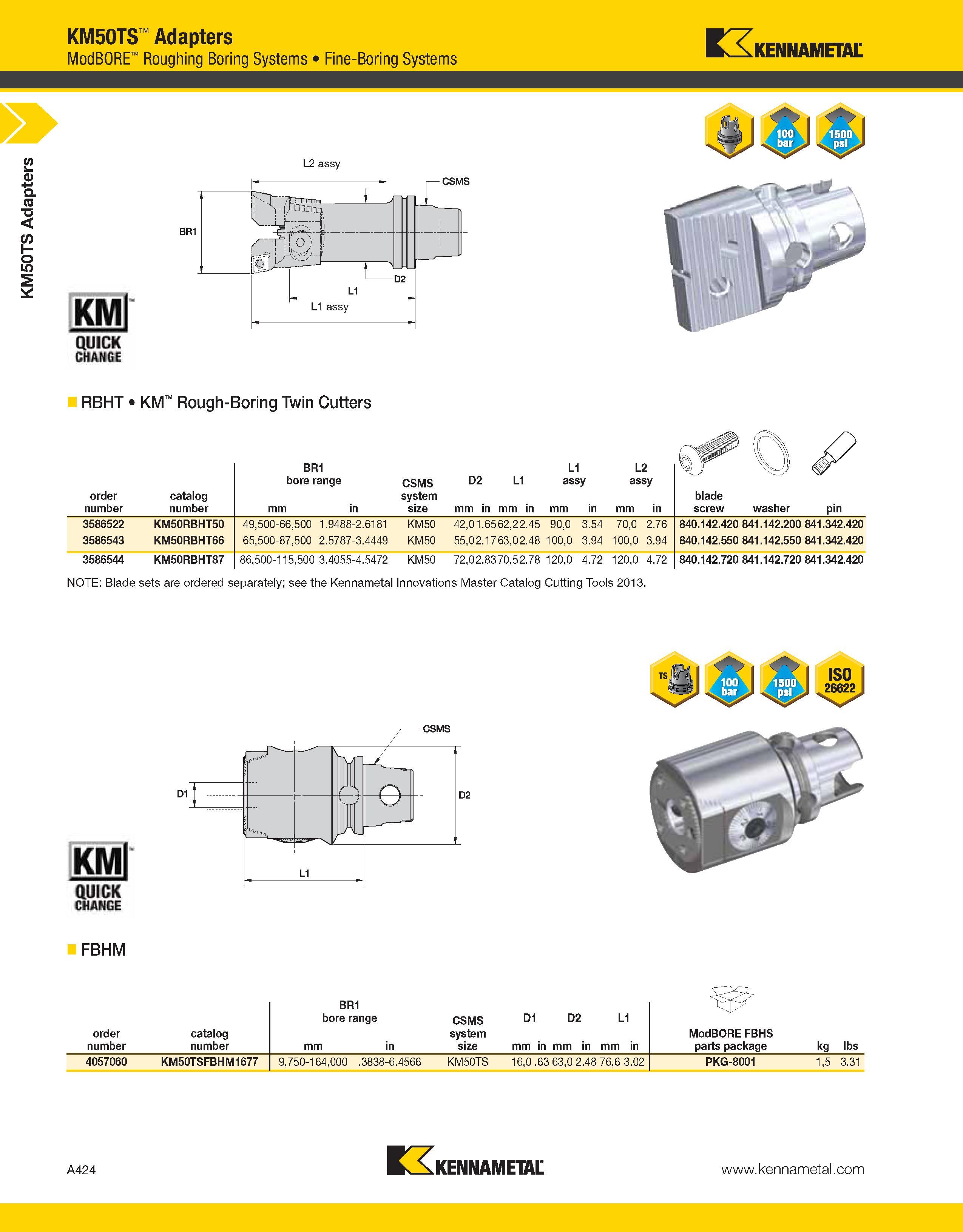 464 a KM50TS Adapters KM50TS Adapters ModBORE Roughing Boring Systems Fine-Boring Systems Kennametal L2 assy RBHT KM Rough-Boring Twin Cutters order Каталог KENNAMETAL 2013 Инструментальная оснастка и вспомогательный инструмент для универсальных металлорежущих станков и обрабатывающих центров с ЧПУ Стр. A424