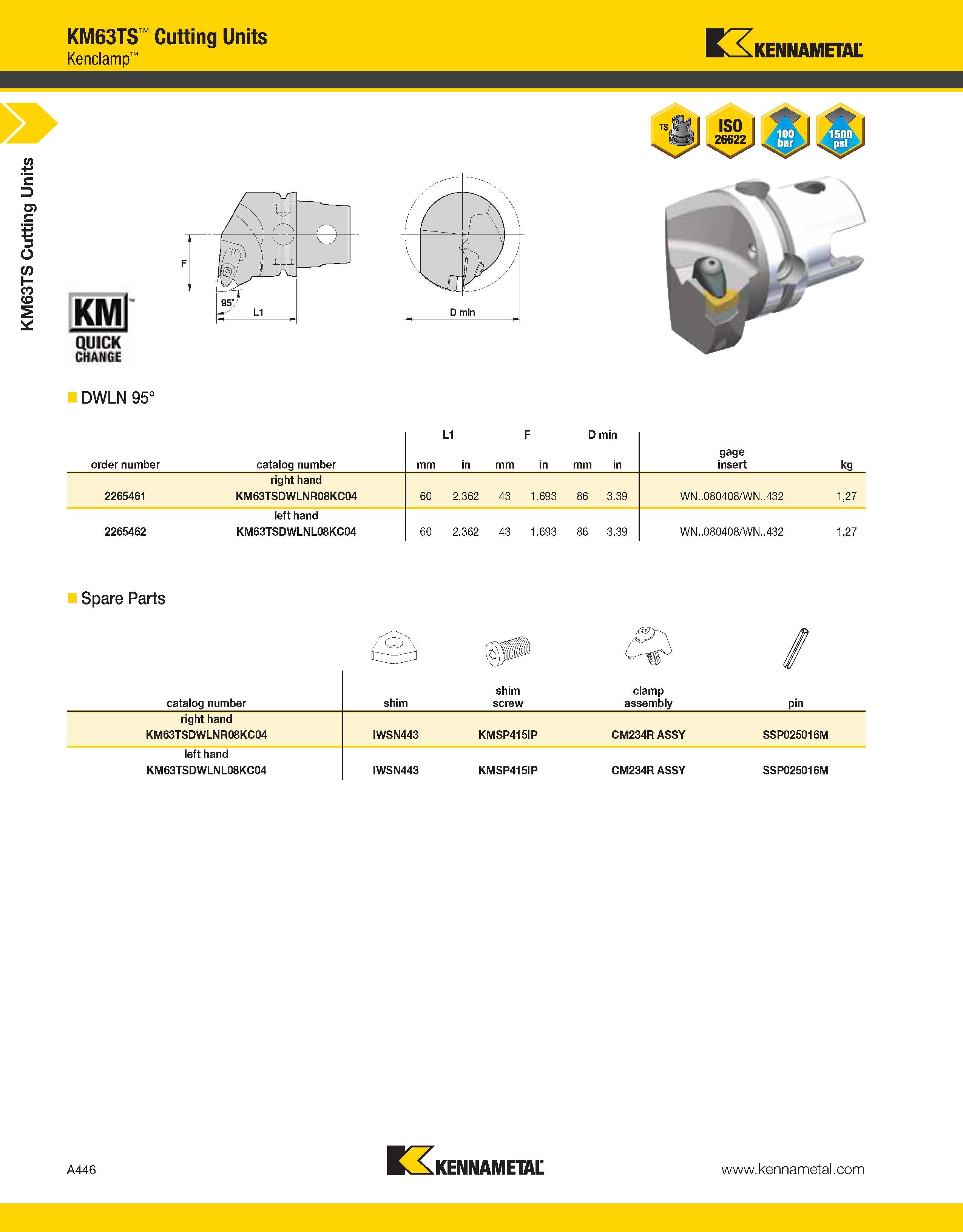 486 a KM63TS Cutting Units KM63TS Cutting Units Kenclamp Kennametal DWLN 95° L1 F D min order number catalog number mm in gage insert kg 2265461 righ Каталог KENNAMETAL 2013 Инструментальная оснастка и вспомогательный инструмент для универсальных металлорежущих станков и обрабатывающих центров с ЧПУ Стр. A446