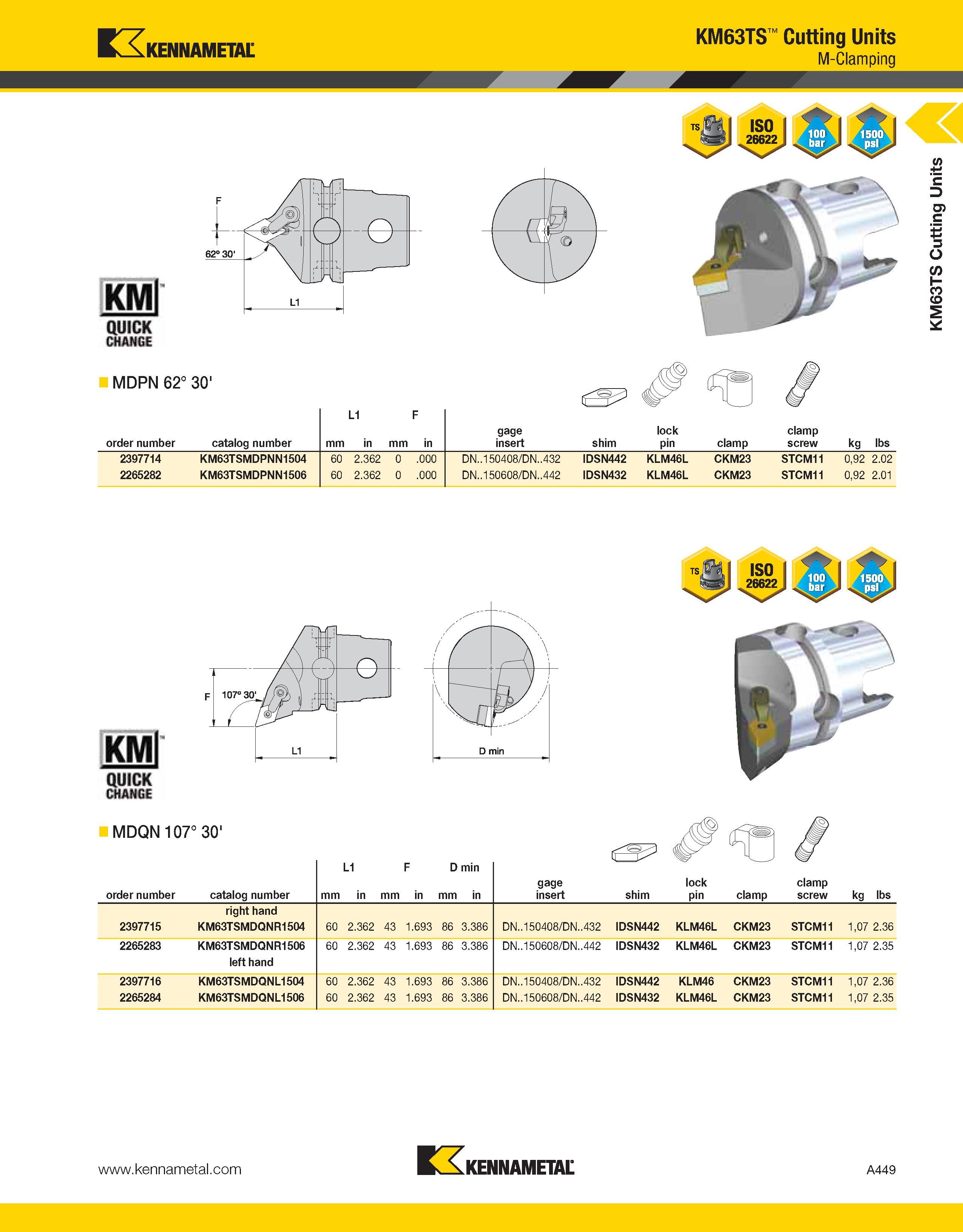 489 Kennametal KMl QUJCK CHANGE MDPN 62° 30' KM63TS Cutting Units M-Clamping L1 F order number catalog number mm in gage insert shim lock pin clamp c Каталог KENNAMETAL 2013 Инструментальная оснастка и вспомогательный инструмент для универсальных металлорежущих станков и обрабатывающих центров с ЧПУ Стр. A449