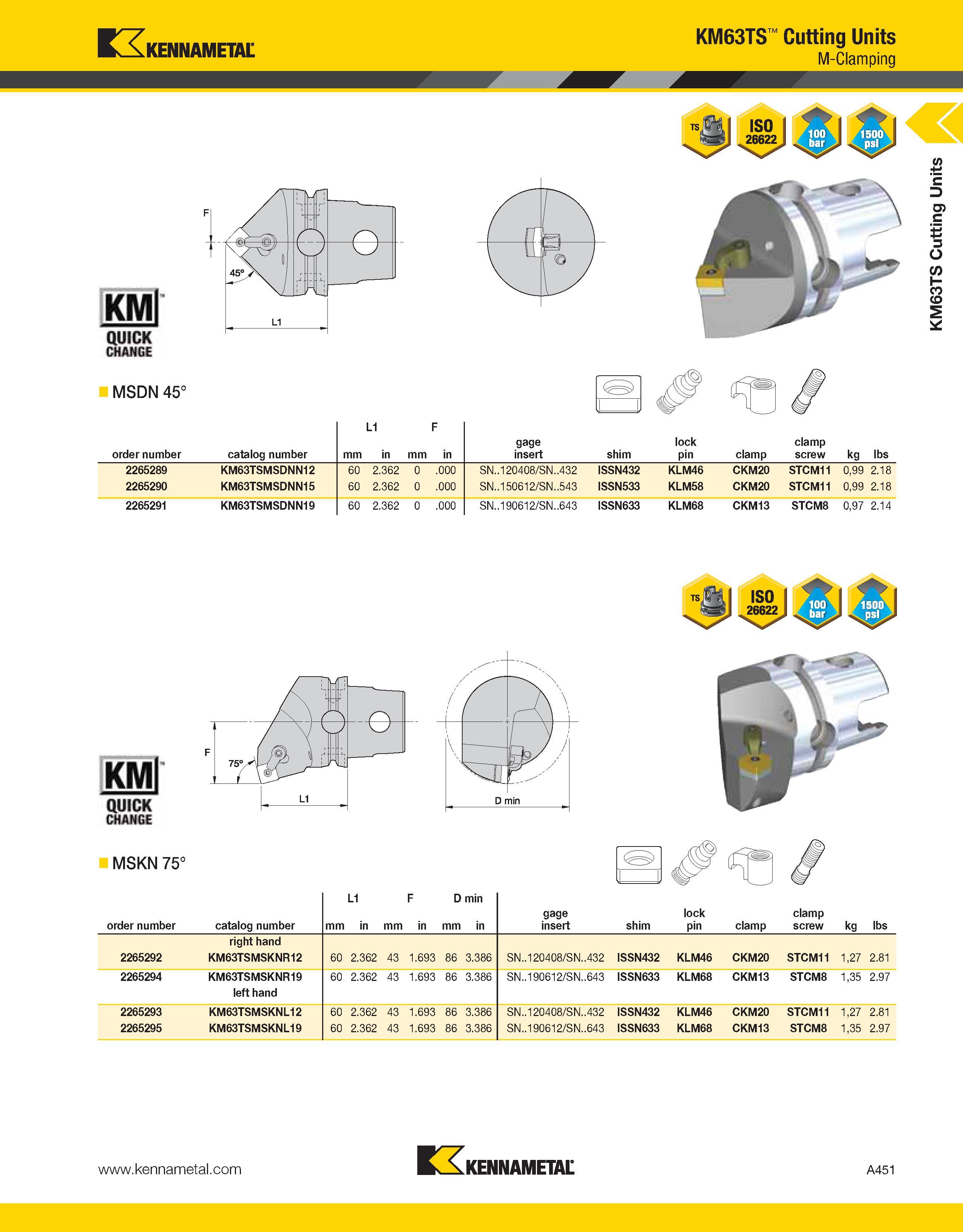 491 Kennametal KM63TS Cutting Units M-Clamping MSDN 45° order number catalog number mm L1 in mm F in gage insert shim lock pin clamp clamp screw kg l Каталог KENNAMETAL 2013 Инструментальная оснастка и вспомогательный инструмент для универсальных металлорежущих станков и обрабатывающих центров с ЧПУ Стр. A451