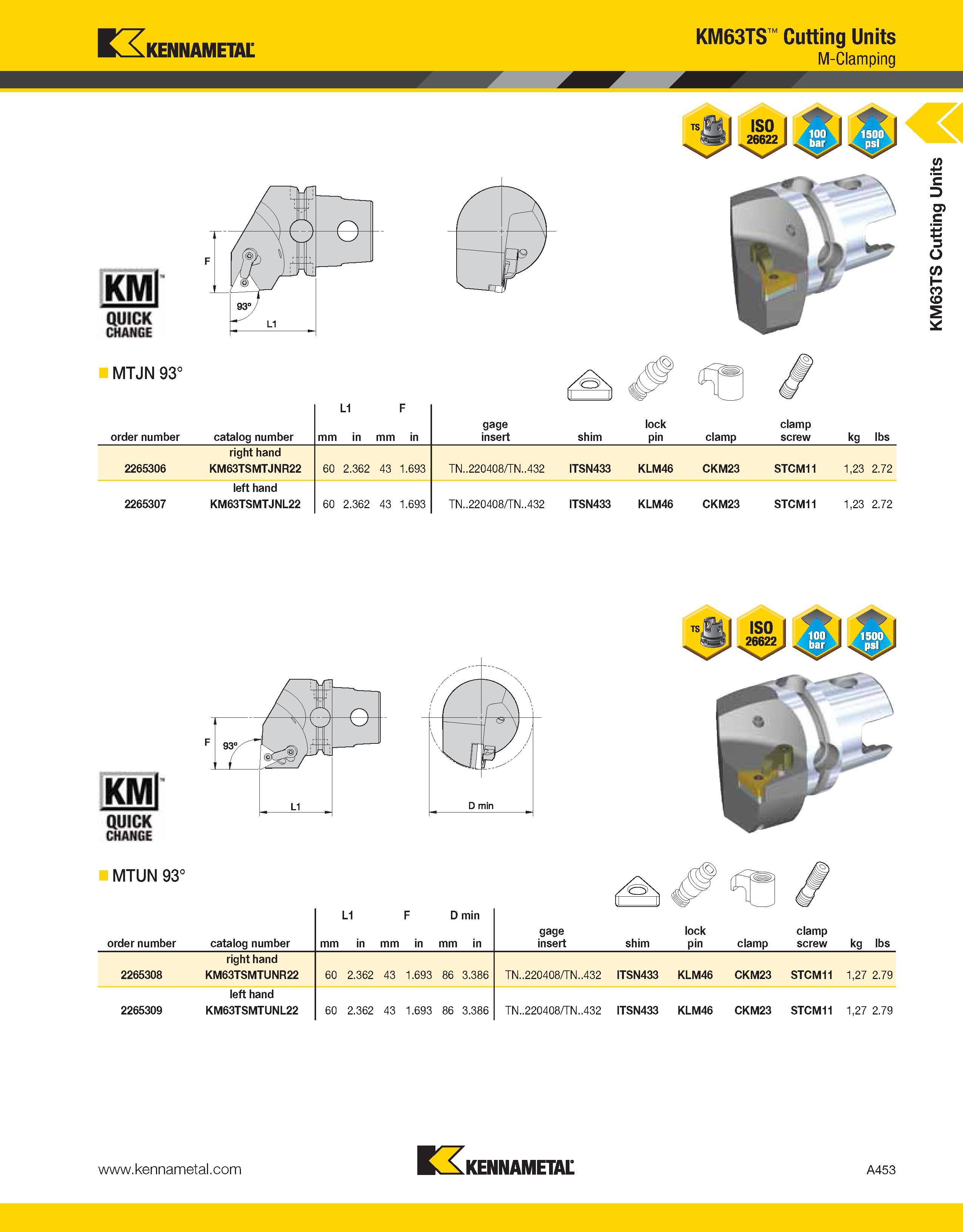 493 Kennametal NANCE MTJN 93° KM63TS Cutting Units M-Clamping order number catalog number L1 mm in F mm in gage insert shim lock pin clamp clamp scre Каталог KENNAMETAL 2013 Инструментальная оснастка и вспомогательный инструмент для универсальных металлорежущих станков и обрабатывающих центров с ЧПУ Стр. A453