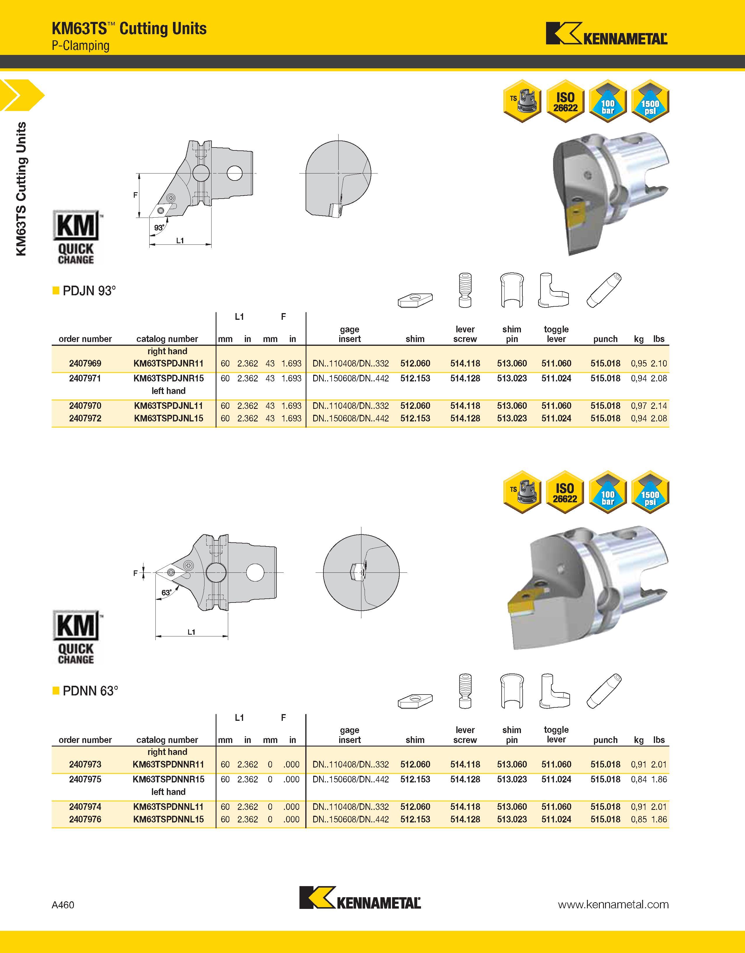500 a KM63TS Cutting Units KM63TS Cutting Units P-Clamping Kennametal HflNGE PDJN 93° order number catalog number mm L1 in mm F in gage insert shim l Каталог KENNAMETAL 2013 Инструментальная оснастка и вспомогательный инструмент для универсальных металлорежущих станков и обрабатывающих центров с ЧПУ Стр. A460
