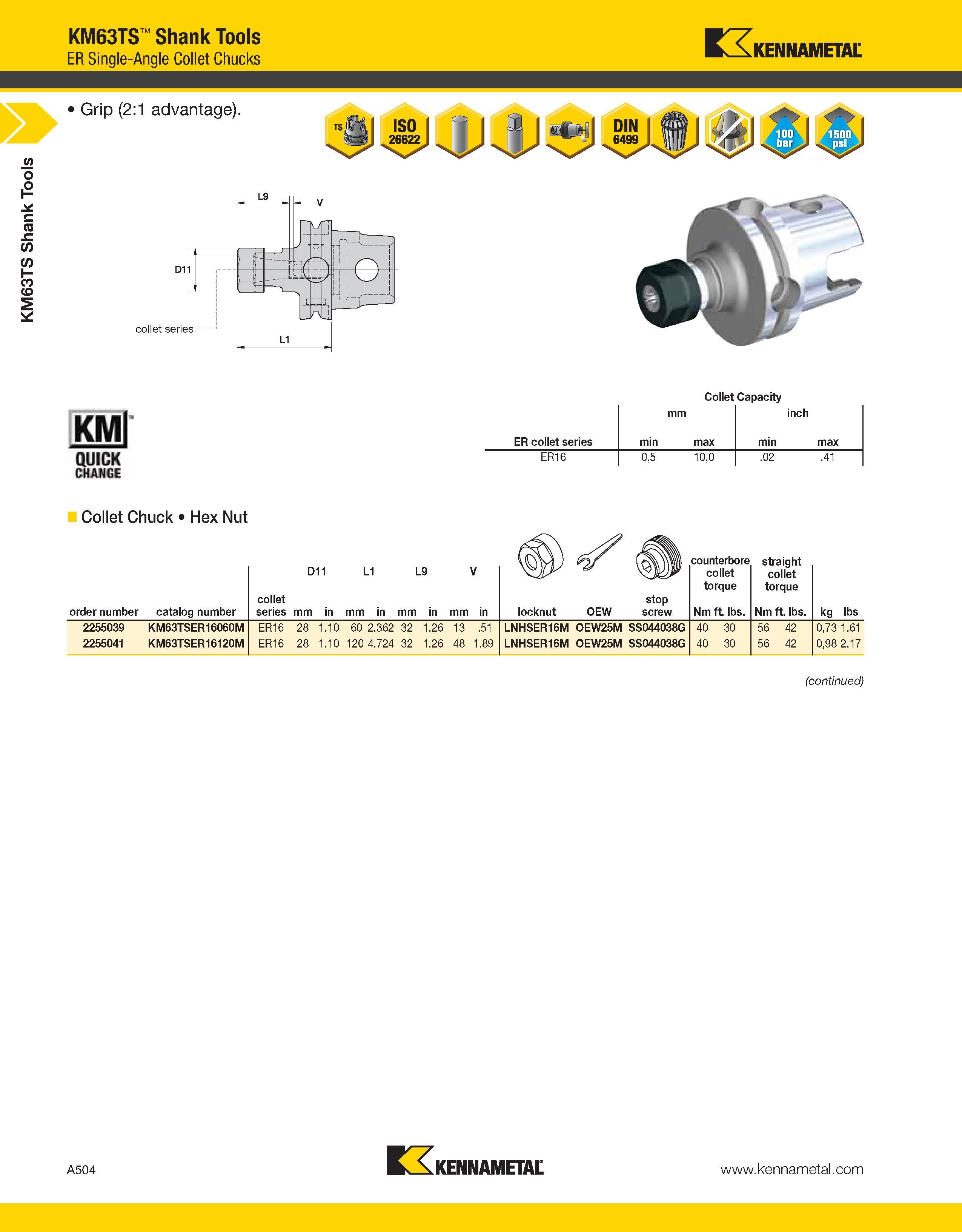 544 a KM63TS Shank Tools KM63TS Shank Tools ER Single-Angle Collet Chucks Kennametal Collet Capacity mm inch ER collet series min max min max ER16 0, Каталог KENNAMETAL 2013 Инструментальная оснастка и вспомогательный инструмент для универсальных металлорежущих станков и обрабатывающих центров с ЧПУ Стр. A504