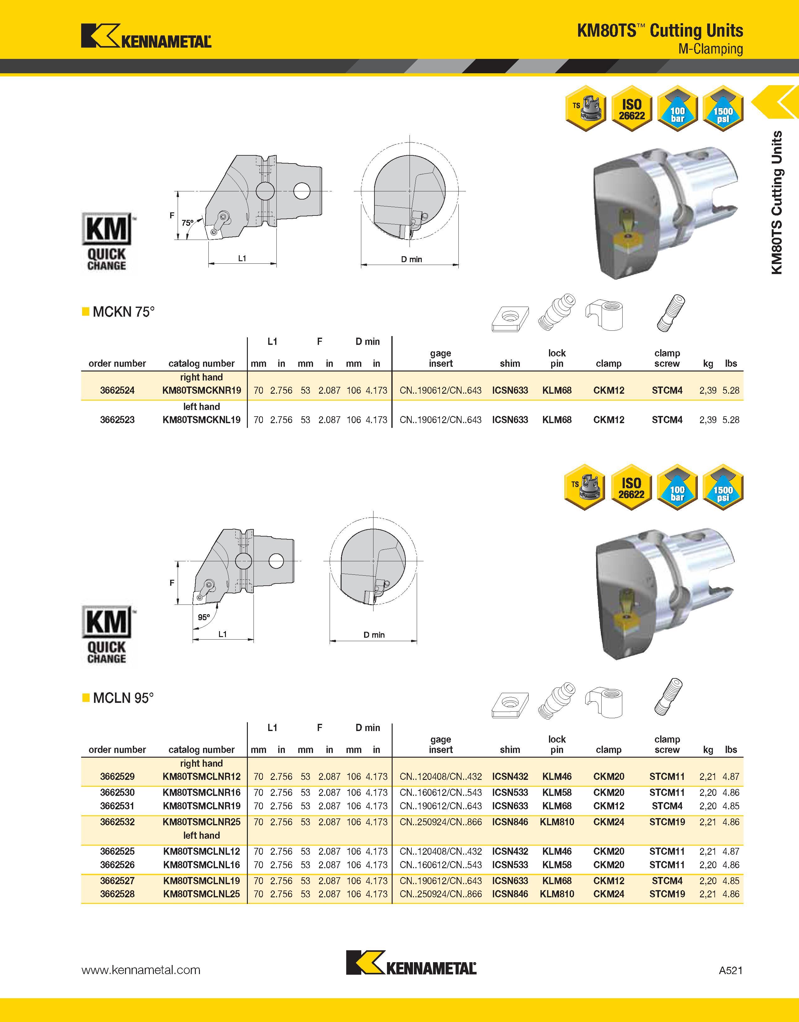 561 Kennametal MCKN 75° KM80TS Cutting Units M-Clamping order number catalog number mm L1 in mm F in D min mm in gage insert shim lock pin clamp clam Каталог KENNAMETAL 2013 Инструментальная оснастка и вспомогательный инструмент для универсальных металлорежущих станков и обрабатывающих центров с ЧПУ Стр. A521