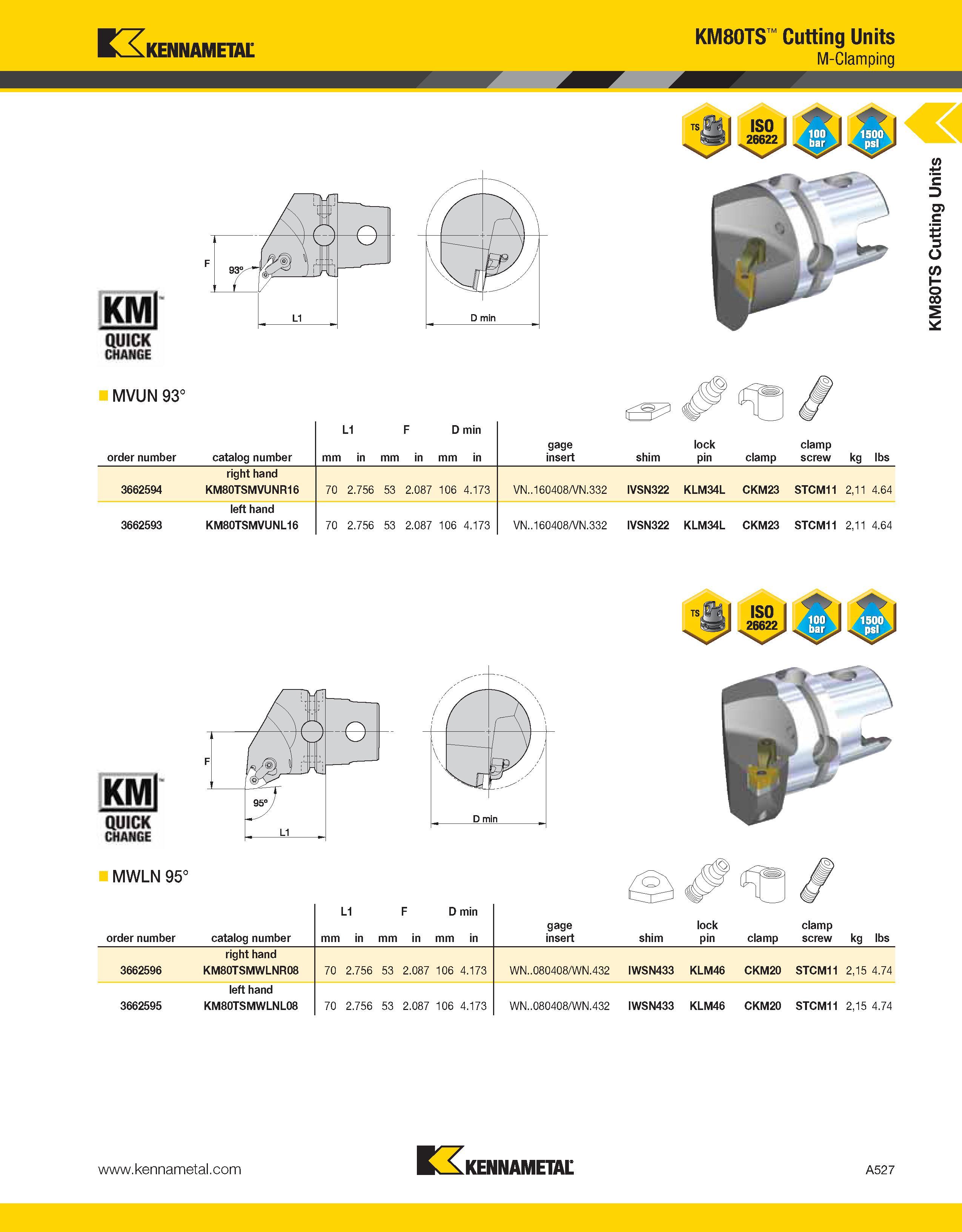 567 Kennametal MVUN 93° KM80TS Cutting Units M-Clamping order number catalog number L1 mm in mm F in D min mm in gage insert shim lock pin clamp clam Каталог KENNAMETAL 2013 Инструментальная оснастка и вспомогательный инструмент для универсальных металлорежущих станков и обрабатывающих центров с ЧПУ Стр. A527