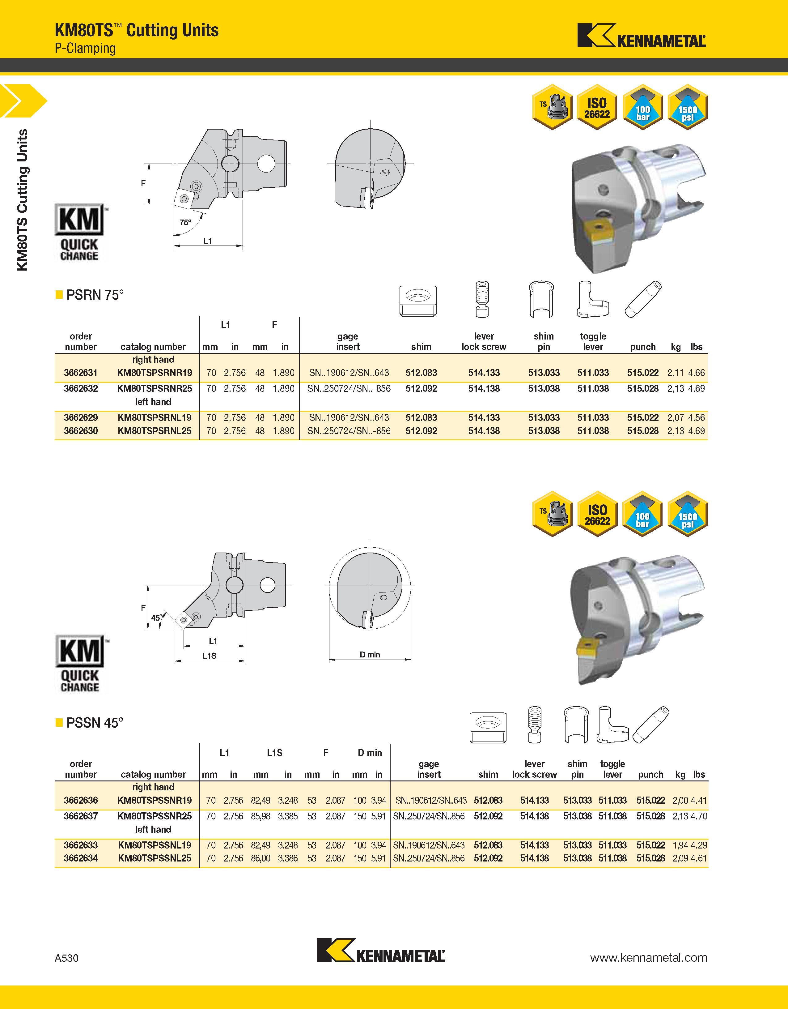 570 a KM80TS Cutting Units KM80TS Cutting Units P-Clamping Kennametal PSRN 75° order number catalog number mm L1 in mm F in gage insert shim lever lo Каталог KENNAMETAL 2013 Инструментальная оснастка и вспомогательный инструмент для универсальных металлорежущих станков и обрабатывающих центров с ЧПУ Стр. A530