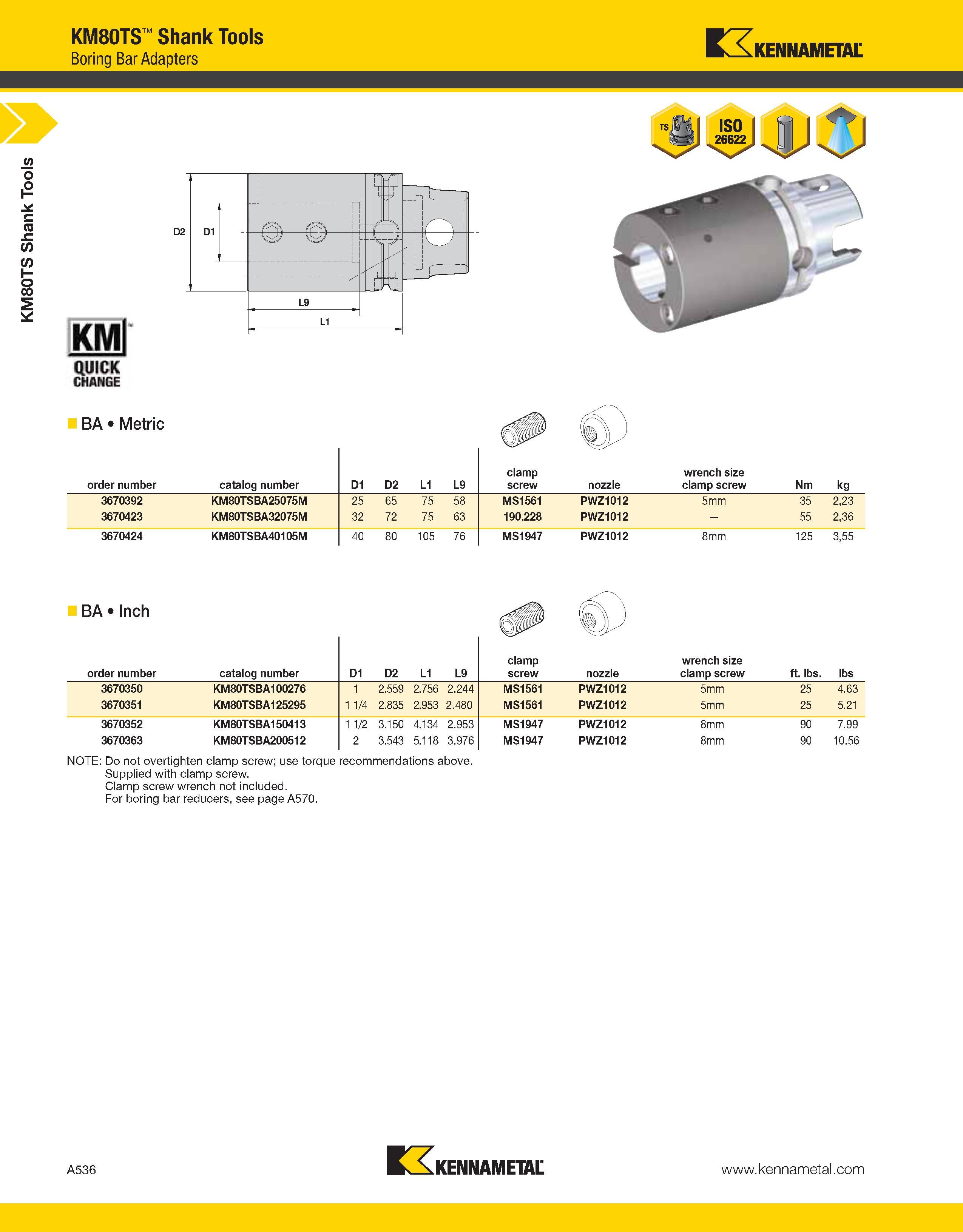 576 a KM80TS Shank Tools KM80TS Shank Tools Boring Bar Adapters Kennametal BA Metric order number catalog number D1 D2 L1 L9 clamp screw nozzle wrenc Каталог KENNAMETAL 2013 Инструментальная оснастка и вспомогательный инструмент для универсальных металлорежущих станков и обрабатывающих центров с ЧПУ Стр. A536