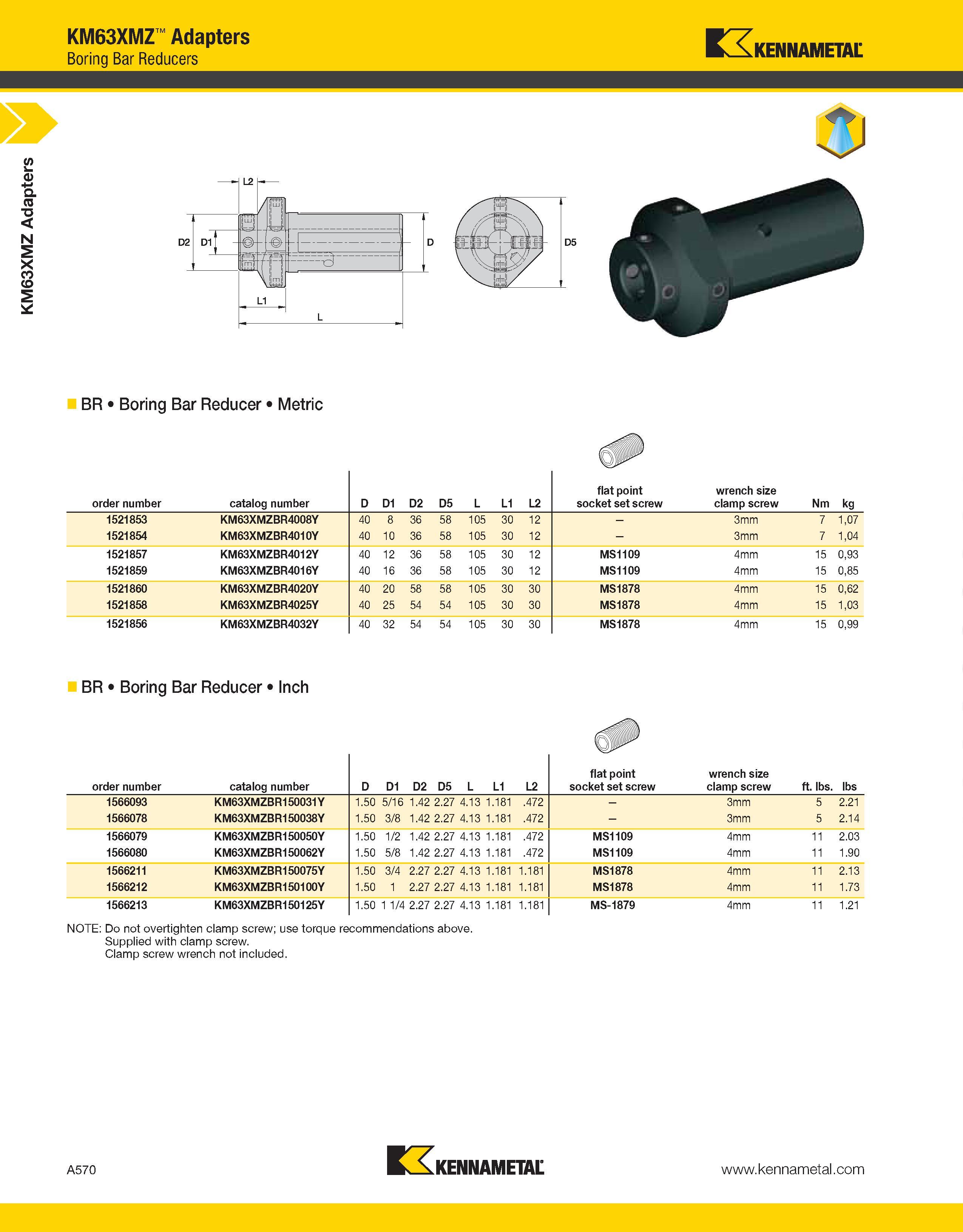 610 a KM63XMZ Adapters KM63XMZ Adapters Boring Bar Reducers Kennametal BR Boring Bar Reducer Metric order number catalog number D D1 D2 D5 L L1 L2 fl Каталог KENNAMETAL 2013 Инструментальная оснастка и вспомогательный инструмент для универсальных металлорежущих станков и обрабатывающих центров с ЧПУ Стр. A570