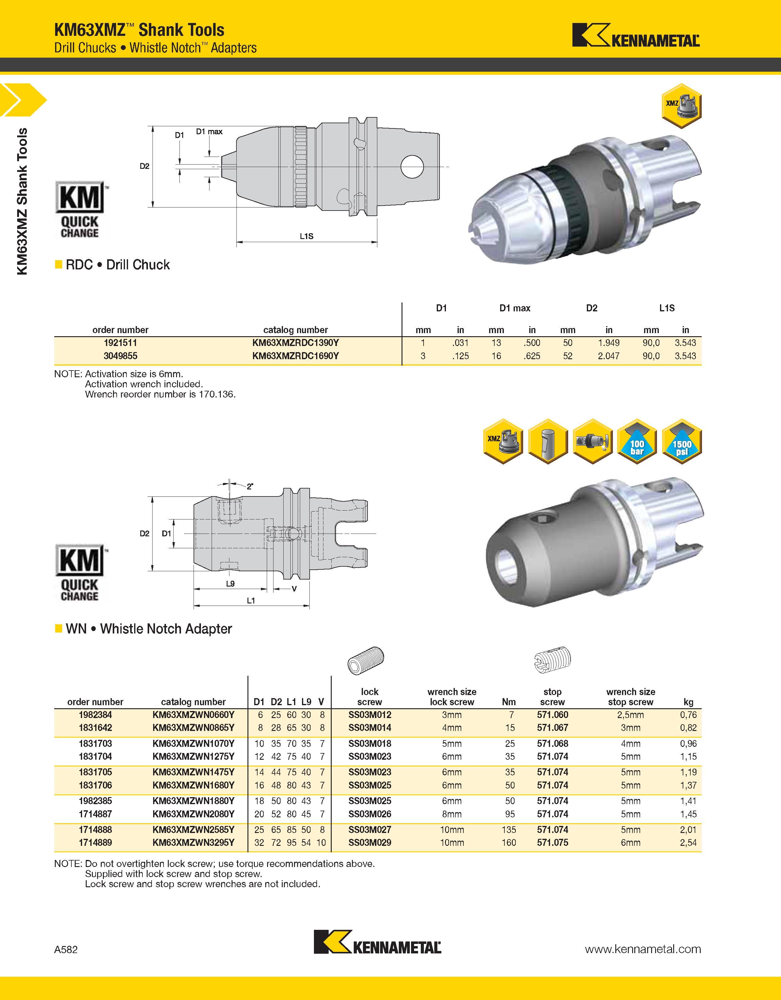 622 a KM63XMZ Shank Tools KM63XMZ Shank Tools Drill Chucks Whistle Notch Adapters Kennametal KMl QUICK CHANGE RDC Drill Chuck D1 D1 max D2 L1S order Каталог KENNAMETAL 2013 Инструментальная оснастка и вспомогательный инструмент для универсальных металлорежущих станков и обрабатывающих центров с ЧПУ Стр. A582