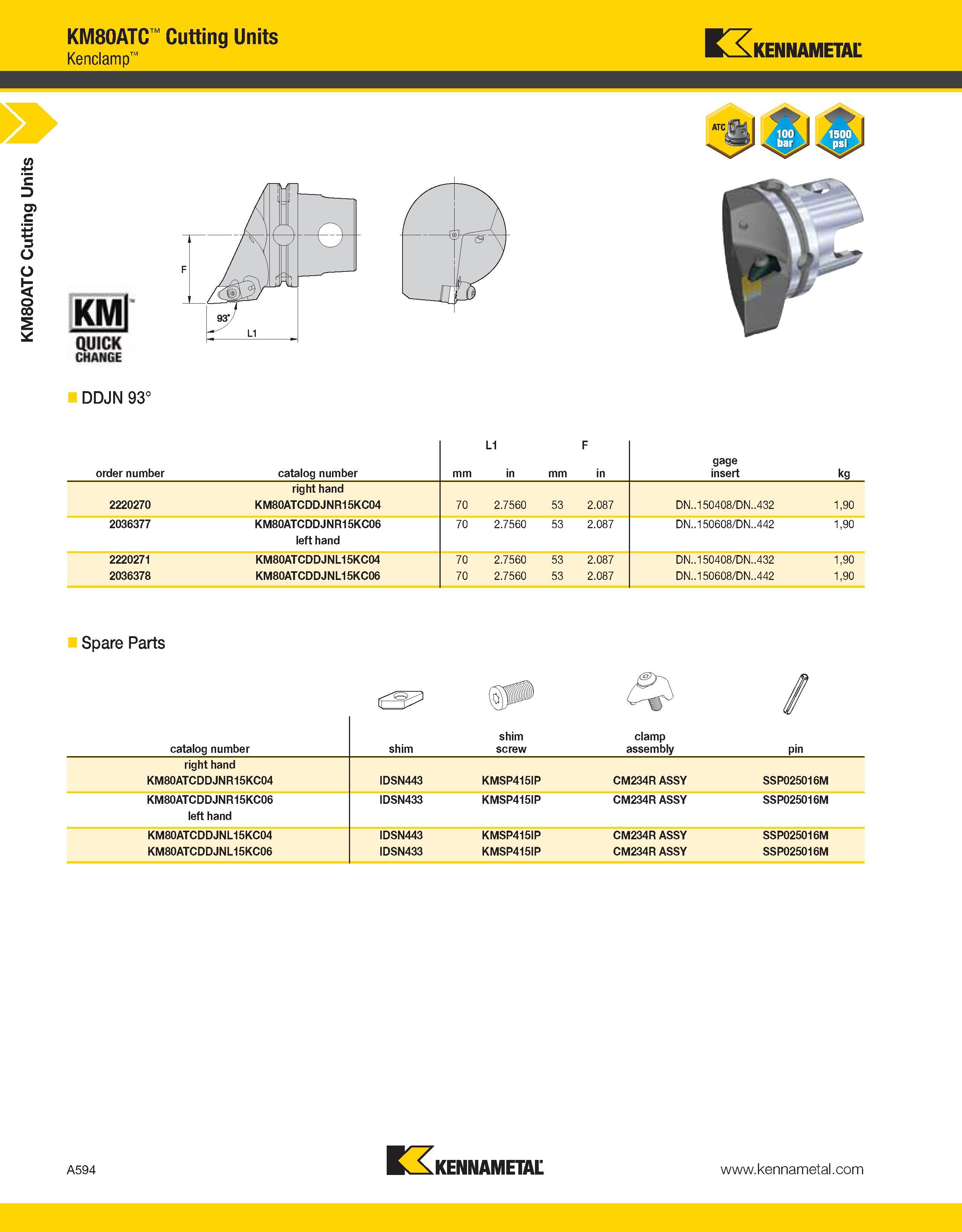 634 a KM80ATC Cutting Units KM80ATC Cutting Units Kenclamp Kennametal DDJN 93° order number catalog number mm L1 in mm F in gage insert kg right hand Каталог KENNAMETAL 2013 Инструментальная оснастка и вспомогательный инструмент для универсальных металлорежущих станков и обрабатывающих центров с ЧПУ Стр. A594