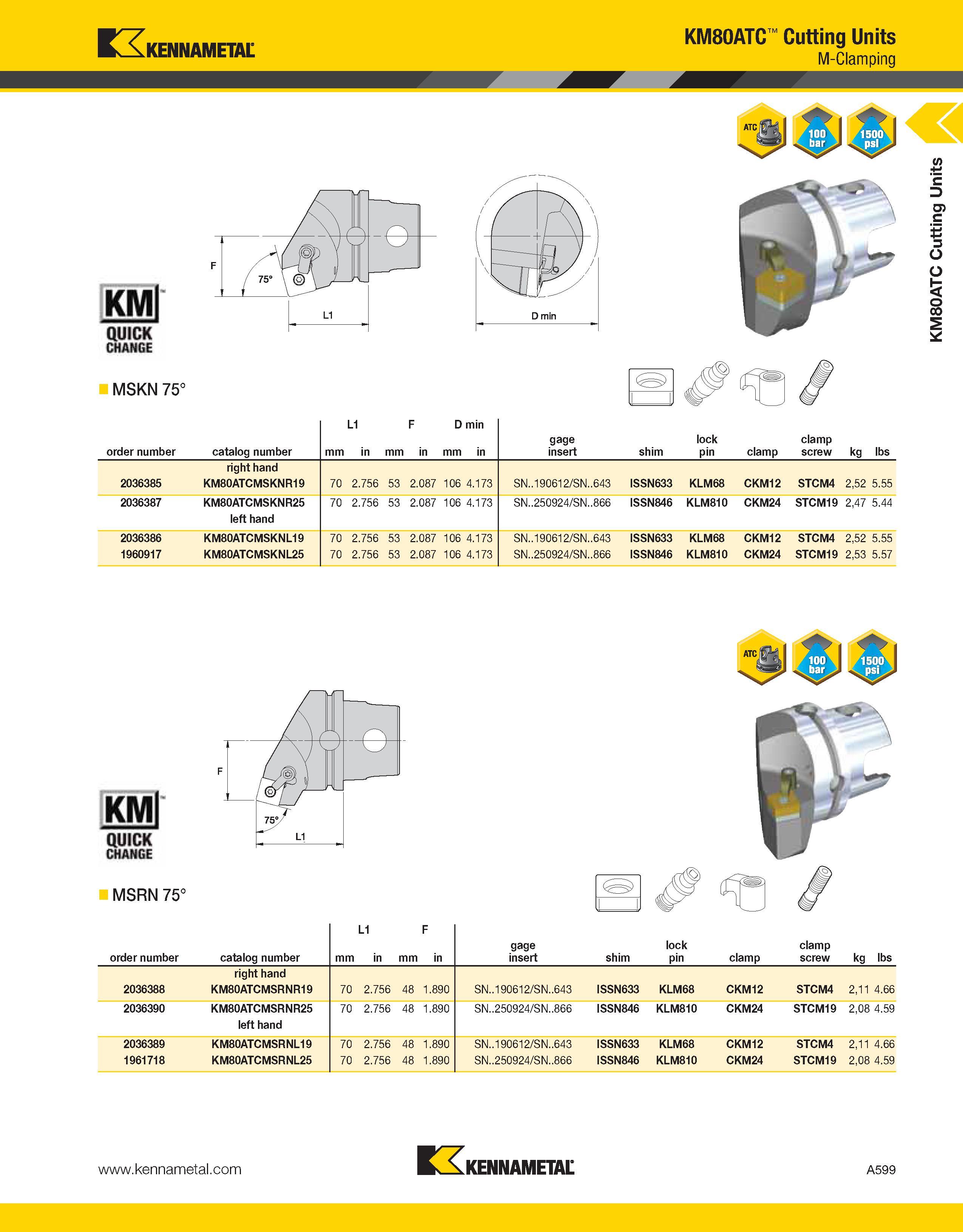 639 Kennametal KM80ATC Cutting Units M-Clamping MSKN 75° order number catalog number mm L1 in mm F in D min mm in gage insert shim lock pin clamp cla Каталог KENNAMETAL 2013 Инструментальная оснастка и вспомогательный инструмент для универсальных металлорежущих станков и обрабатывающих центров с ЧПУ Стр. A599