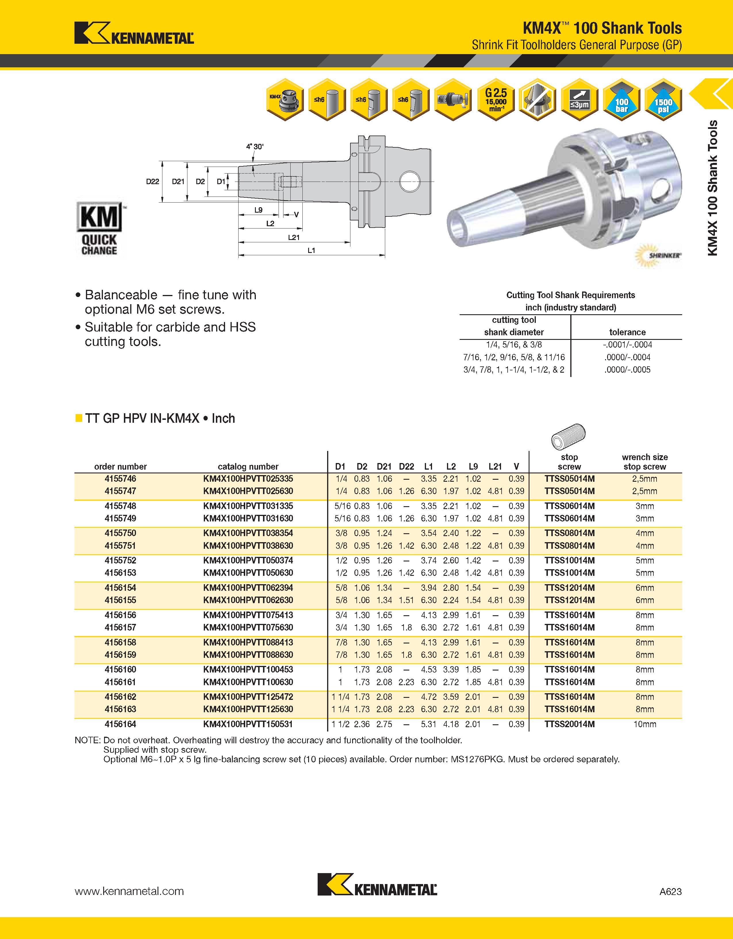 663 Kennametal KM4X 100 Shank Tools Shrink Fit Toolholders General Purpose (GP) Balanceable fine tune with optional M6 set screws Suitable for carbid Каталог KENNAMETAL 2013 Инструментальная оснастка и вспомогательный инструмент для универсальных металлорежущих станков и обрабатывающих центров с ЧПУ Стр. A623