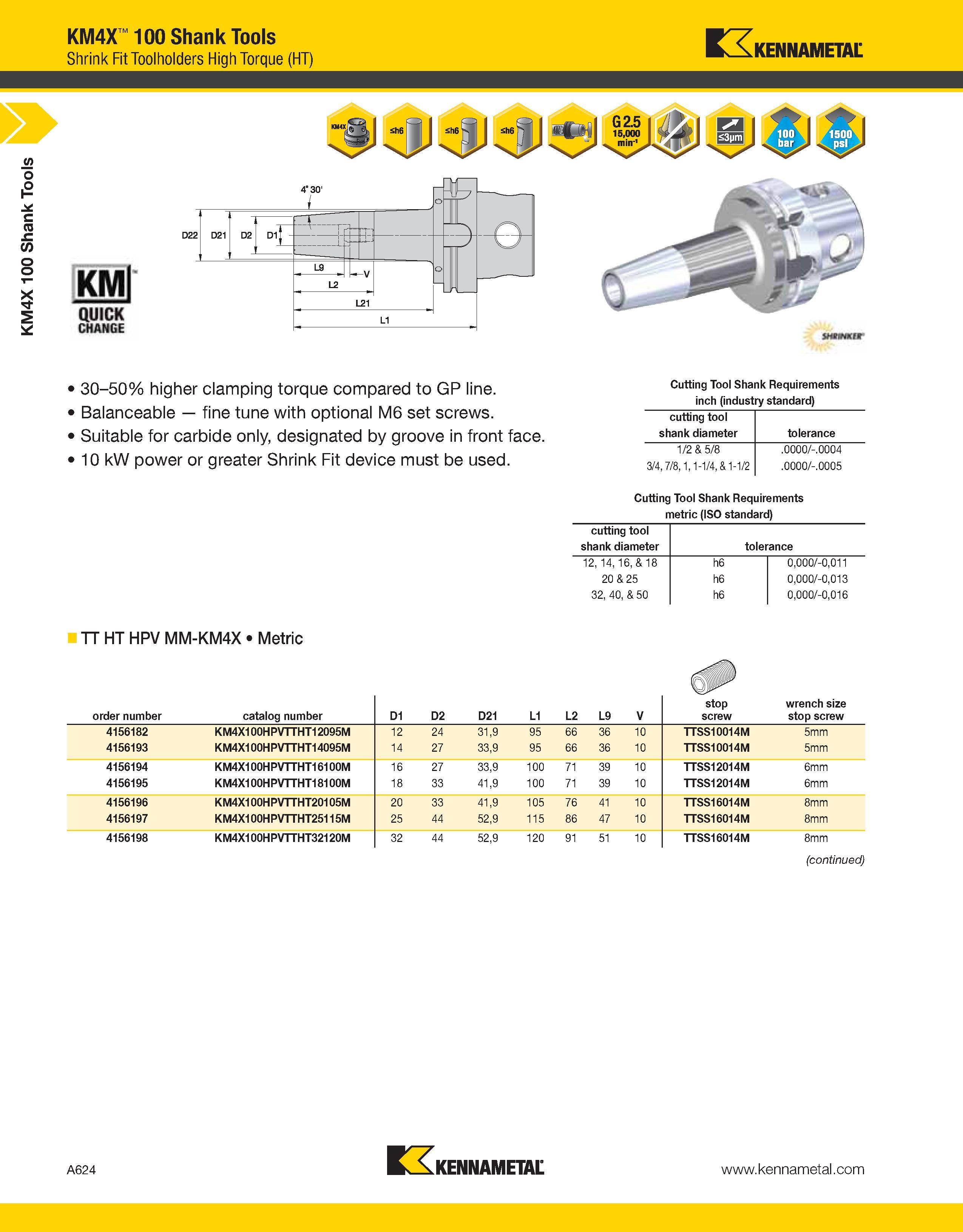 664 a KM4X 100 Shank Tools KM4X 100 Shank Tools Shrink Fit Toolholders High Torque (HT) Kennametal 30-50% higher clamping torque compared to GP line Каталог KENNAMETAL 2013 Инструментальная оснастка и вспомогательный инструмент для универсальных металлорежущих станков и обрабатывающих центров с ЧПУ Стр. A624