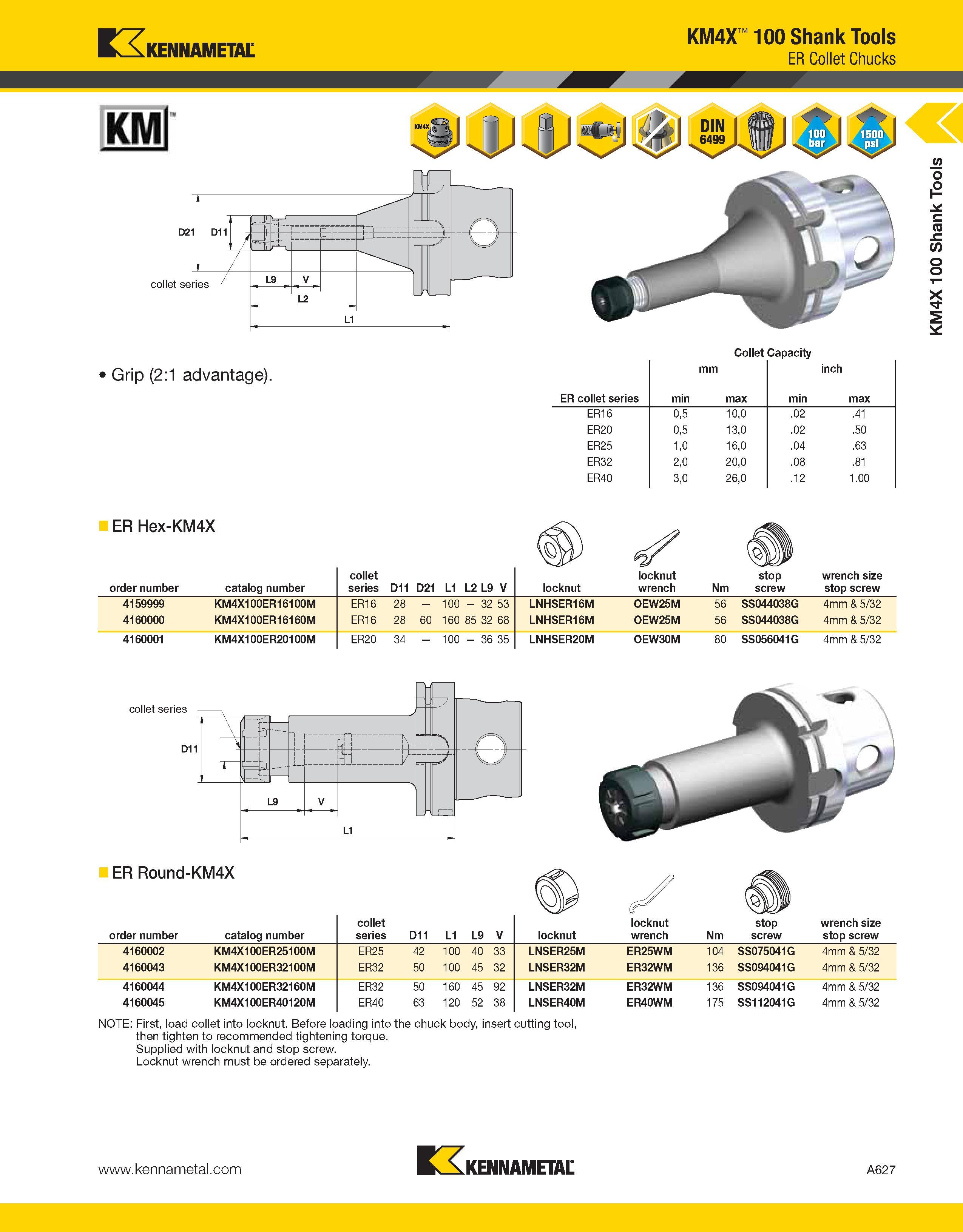 667 Kennametal KM4X 100 Shank Tools ER Collet Chucks EH Grip (2:1 advantage) Collet Capacity ER collet series min mm max min inch max ER16 0,5 10,0 0 Каталог KENNAMETAL 2013 Инструментальная оснастка и вспомогательный инструмент для универсальных металлорежущих станков и обрабатывающих центров с ЧПУ Стр. A627