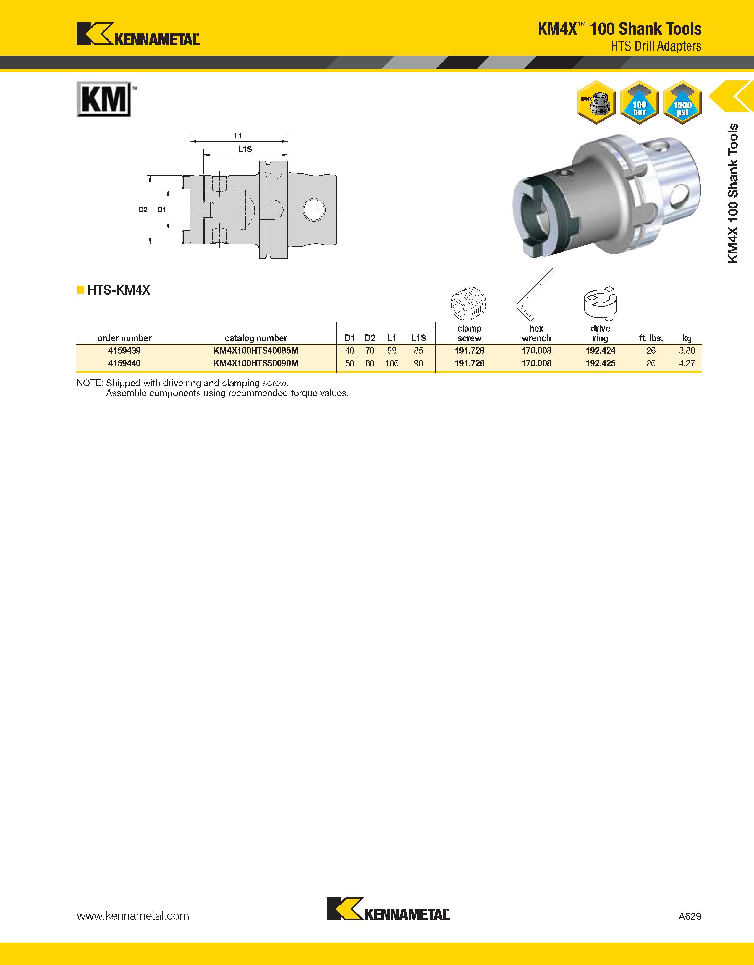 669 Kennametal KM4X 100 Shank Tools HTS Drill Adapters HTS-KM4X order number catalog number D1 D2 L1 L1S clamp screw hex wrench drive ring ft lbs kg Каталог KENNAMETAL 2013 Инструментальная оснастка и вспомогательный инструмент для универсальных металлорежущих станков и обрабатывающих центров с ЧПУ Стр. A629