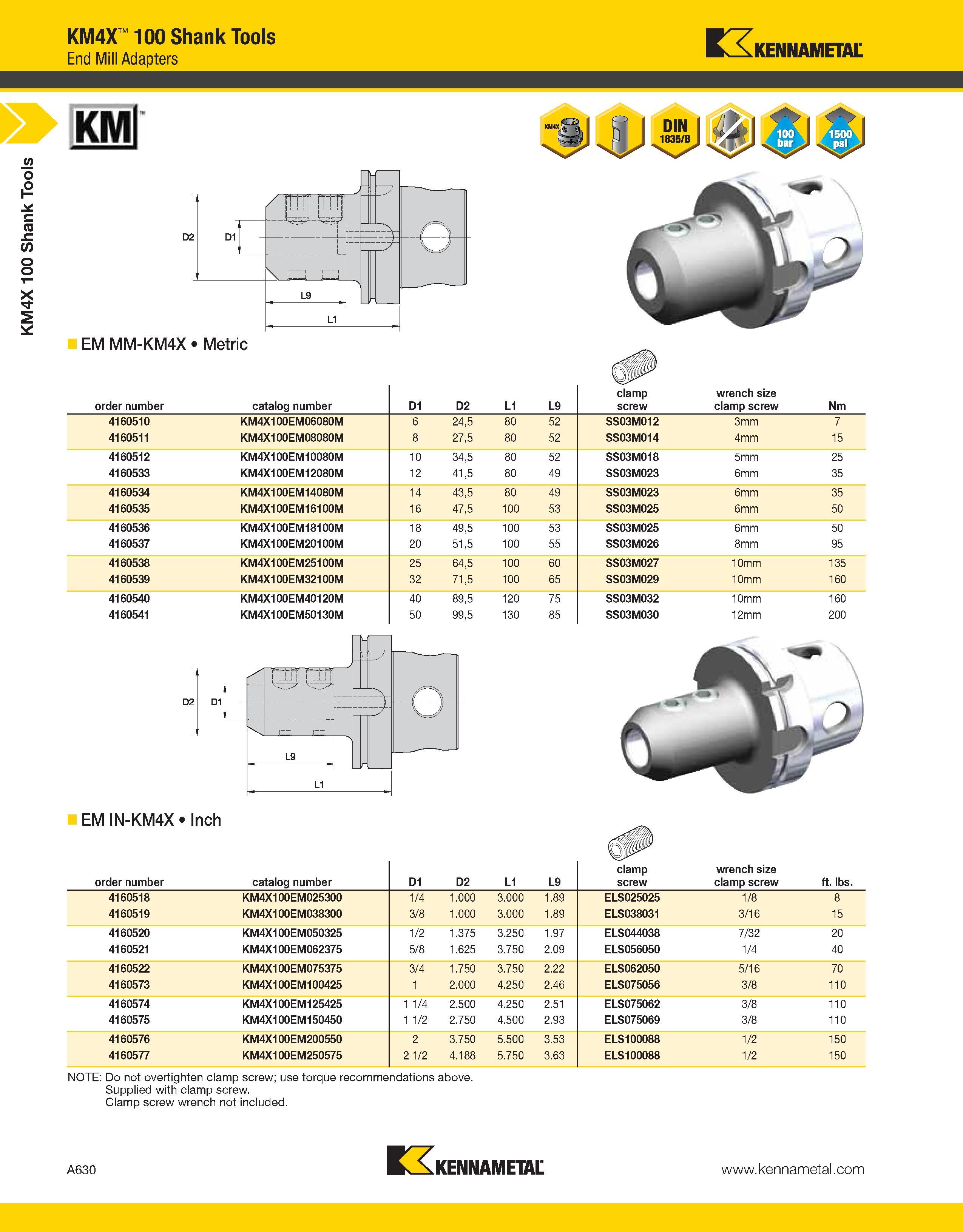 670 a KM4X 100 Shank Tools KM4X 100 Shank Tools End Mill Adapters Kennametal KMl EM MM-KM4X Metric order number catalog number D1 D2 L1 L9 clamp scre Каталог KENNAMETAL 2013 Инструментальная оснастка и вспомогательный инструмент для универсальных металлорежущих станков и обрабатывающих центров с ЧПУ Стр. A630