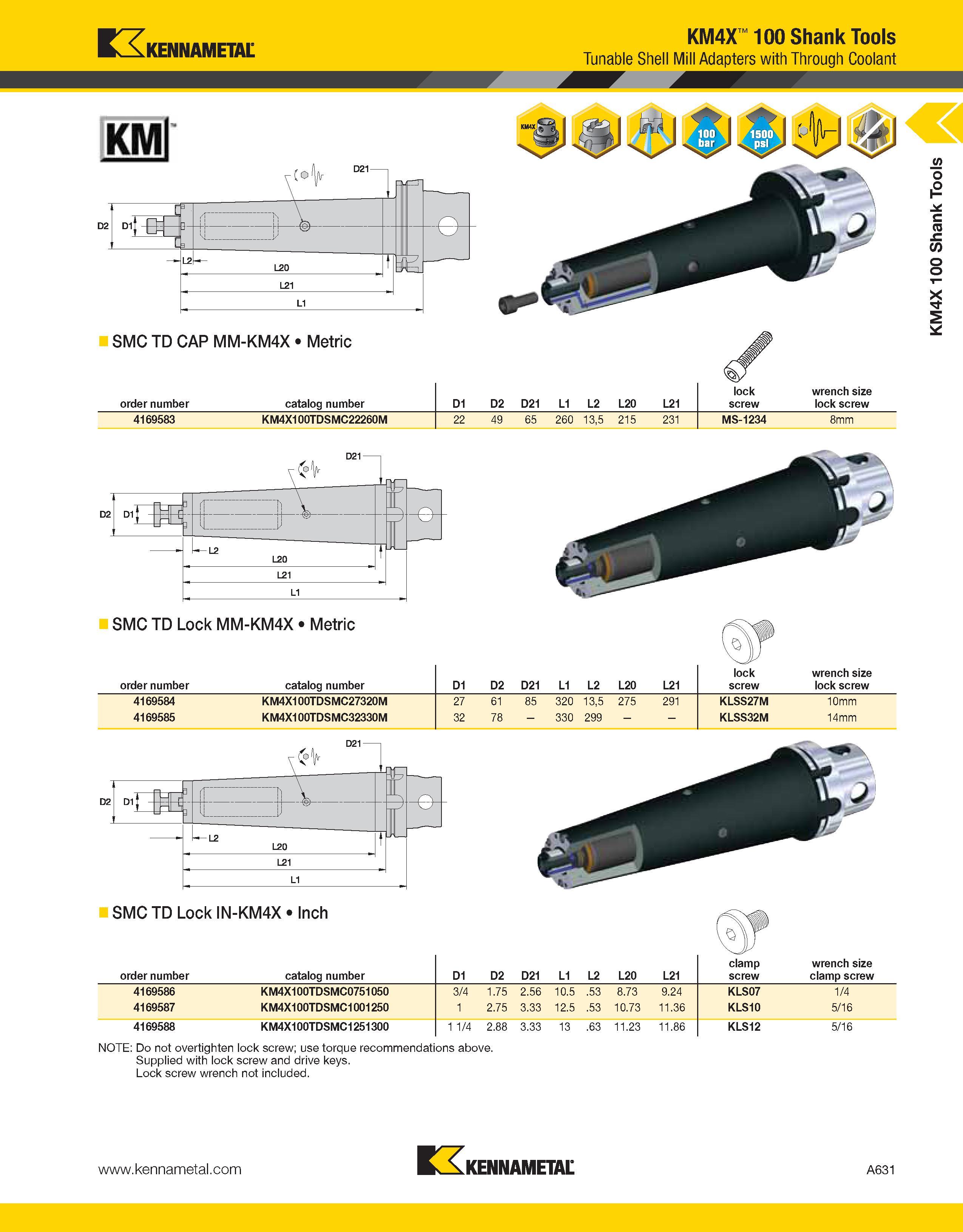 671 Kennametal KM 'SB KM4X 100 Shank Tools Tunable Shell Mill Adapters with Through Coolant (O SMC TD CAP MM-KM4X Metric order number catalog number Каталог KENNAMETAL 2013 Инструментальная оснастка и вспомогательный инструмент для универсальных металлорежущих станков и обрабатывающих центров с ЧПУ Стр. A631