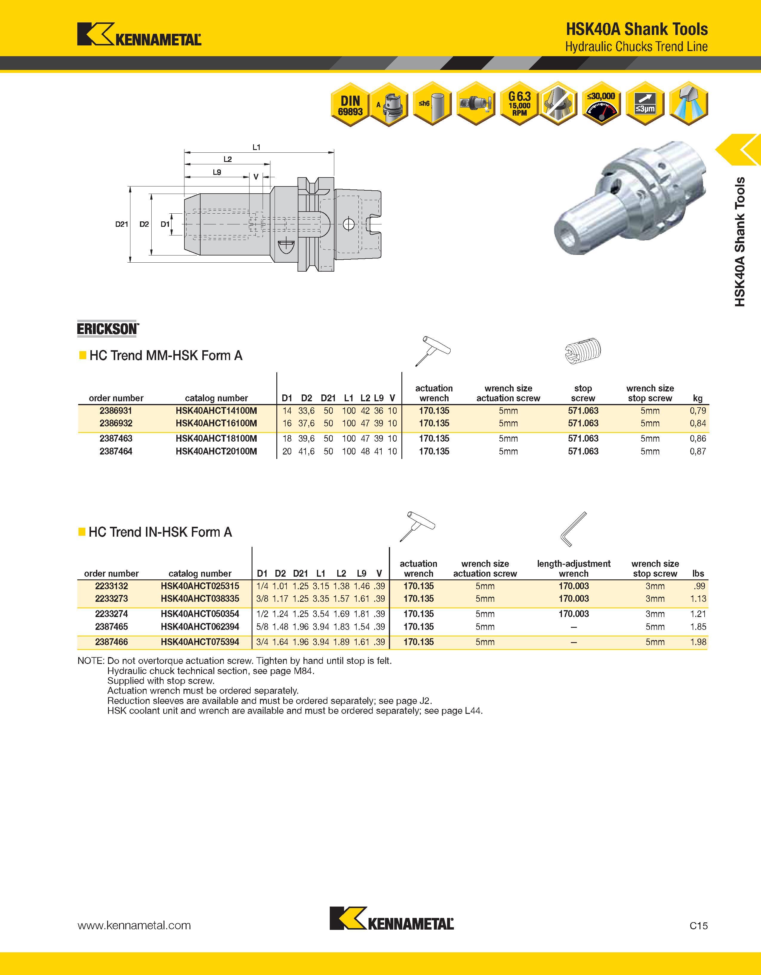 711 order number catalog number D1 D2 D21 L1 L2 L9 V actuation wrench wrench size actuation screw stop screw wrench size stop screw kg 2386931 HSK40A Каталог KENNAMETAL 2013 Инструментальная оснастка и вспомогательный инструмент для универсальных металлорежущих станков и обрабатывающих центров с ЧПУ Стр. C15