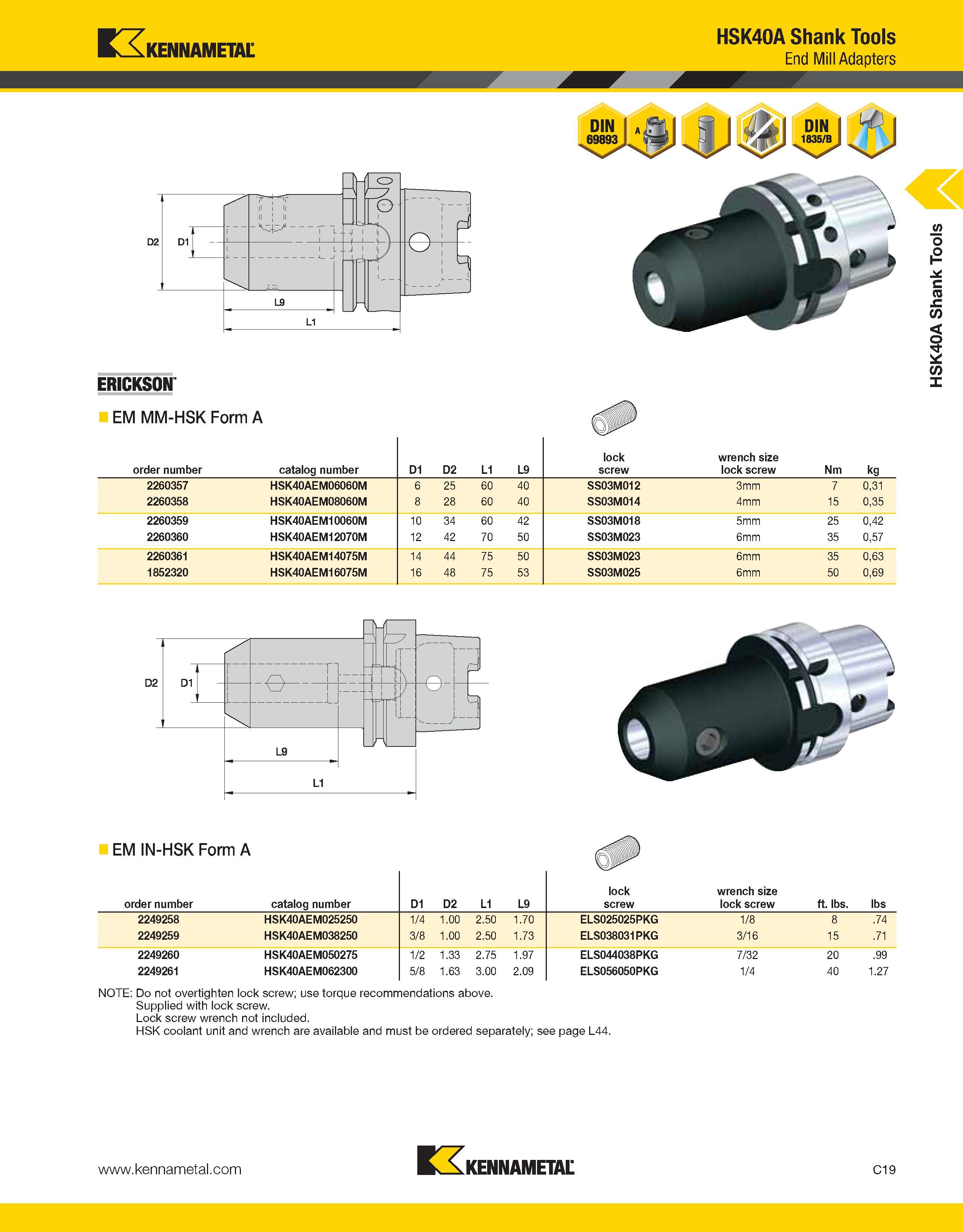 715 Kennametal HSK40A Shank Tools End Mill Adapters ERICKSON EM MM-HSK Form A order number catalog number D1 D2 L1 L9 lock screw wrench size lock scr Каталог KENNAMETAL 2013 Инструментальная оснастка и вспомогательный инструмент для универсальных металлорежущих станков и обрабатывающих центров с ЧПУ Стр. C19