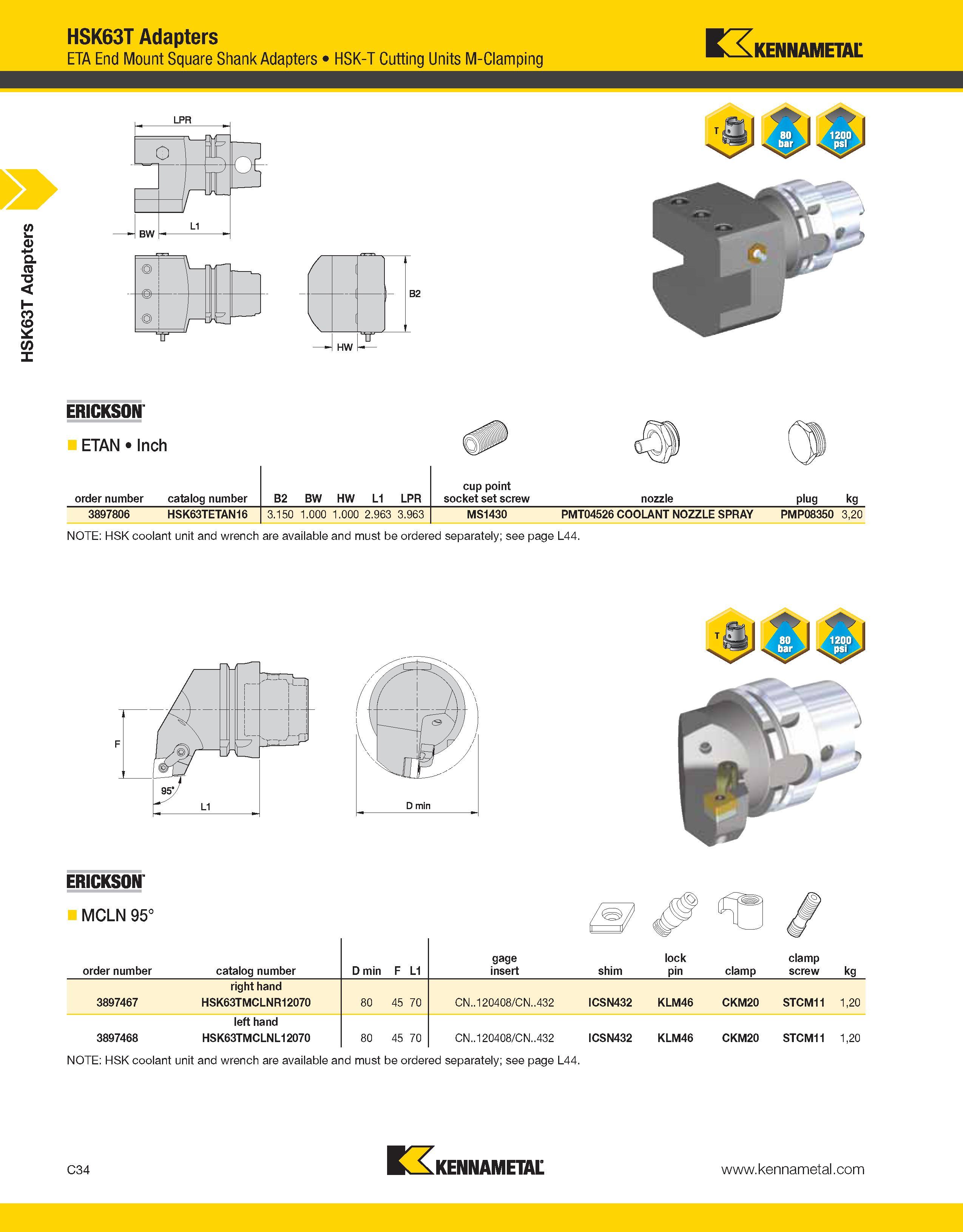 730 HSK63T Adapters HSK63T Adapters ETA End Mount Square Shank Adapters HSK-T Cutting Units M-Clamping Kennametal ERICKSON ETAN Inch order number cat Каталог KENNAMETAL 2013 Инструментальная оснастка и вспомогательный инструмент для универсальных металлорежущих станков и обрабатывающих центров с ЧПУ Стр. C34