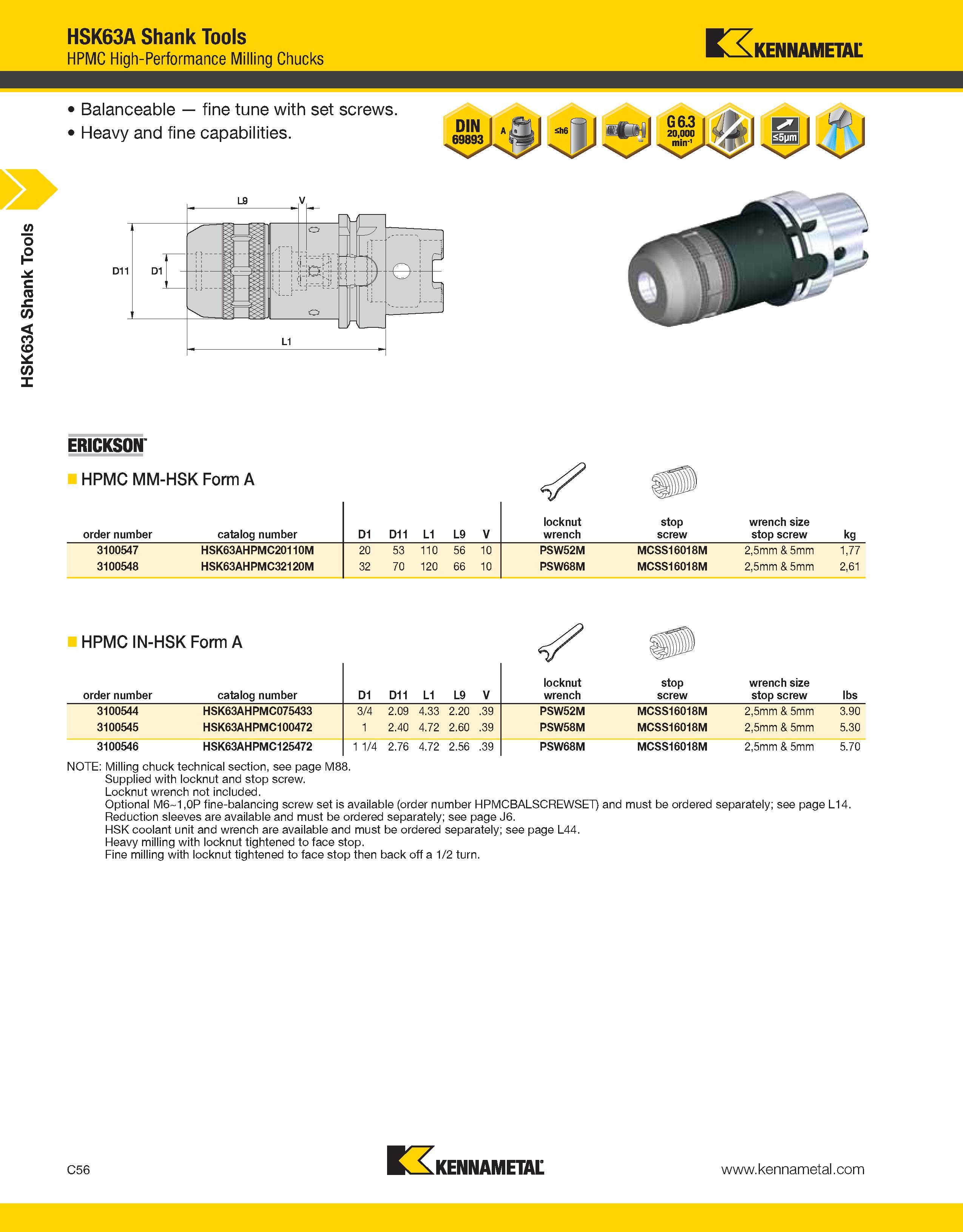 752 HSK63A Shank Tools HSK63A Shank Tools HPMC High-Performance Milling Chucks Kennametal Balanceable fine tune with set screws Heavy and fine capabi Каталог KENNAMETAL 2013 Инструментальная оснастка и вспомогательный инструмент для универсальных металлорежущих станков и обрабатывающих центров с ЧПУ Стр. C56