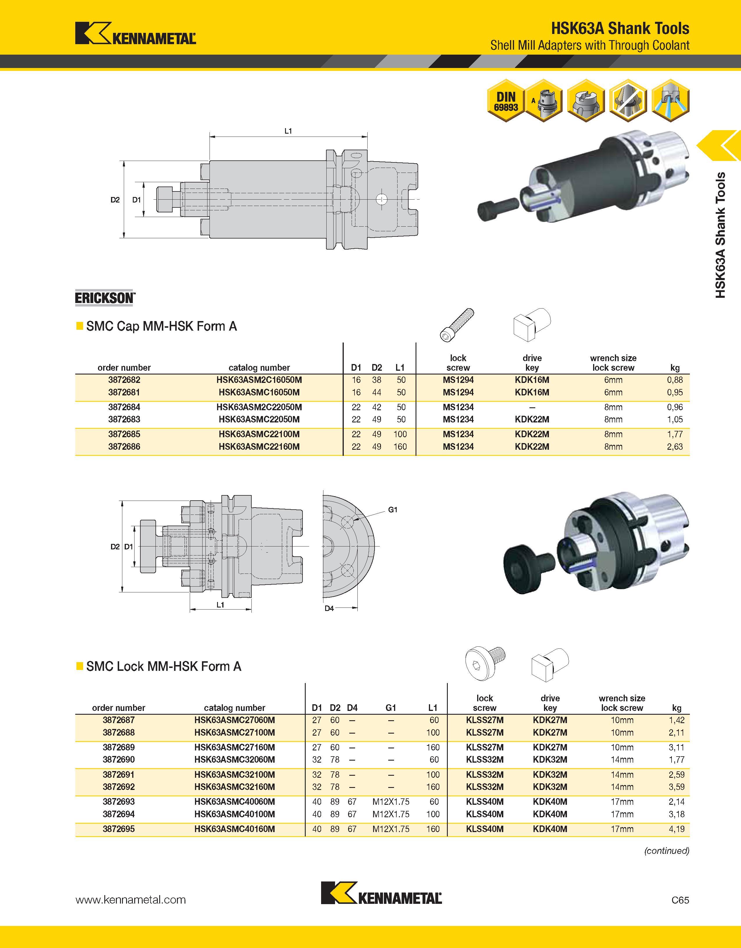 761 Kennametal HSK63A Shank Tools Shell Mill Adapters with Through Coolant ERICKSON SMC Cap MM-HSK Form A order number catalog number D1 D2 L1 lock s Каталог KENNAMETAL 2013 Инструментальная оснастка и вспомогательный инструмент для универсальных металлорежущих станков и обрабатывающих центров с ЧПУ Стр. C65