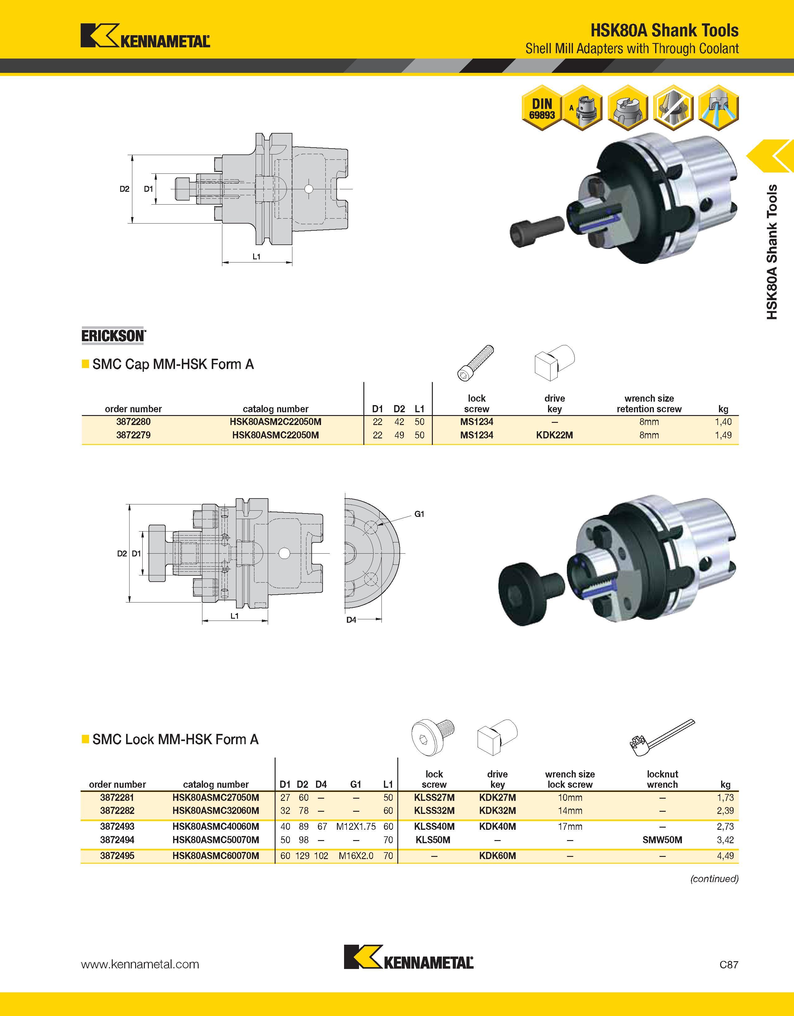 783 Kennametal HSK80A Shank Tools Shell Mill Adapters with Through Coolant ERICKSON SMC Cap MM-HSK Form A lock drive wrench size order number catalog Каталог KENNAMETAL 2013 Инструментальная оснастка и вспомогательный инструмент для универсальных металлорежущих станков и обрабатывающих центров с ЧПУ Стр. C87