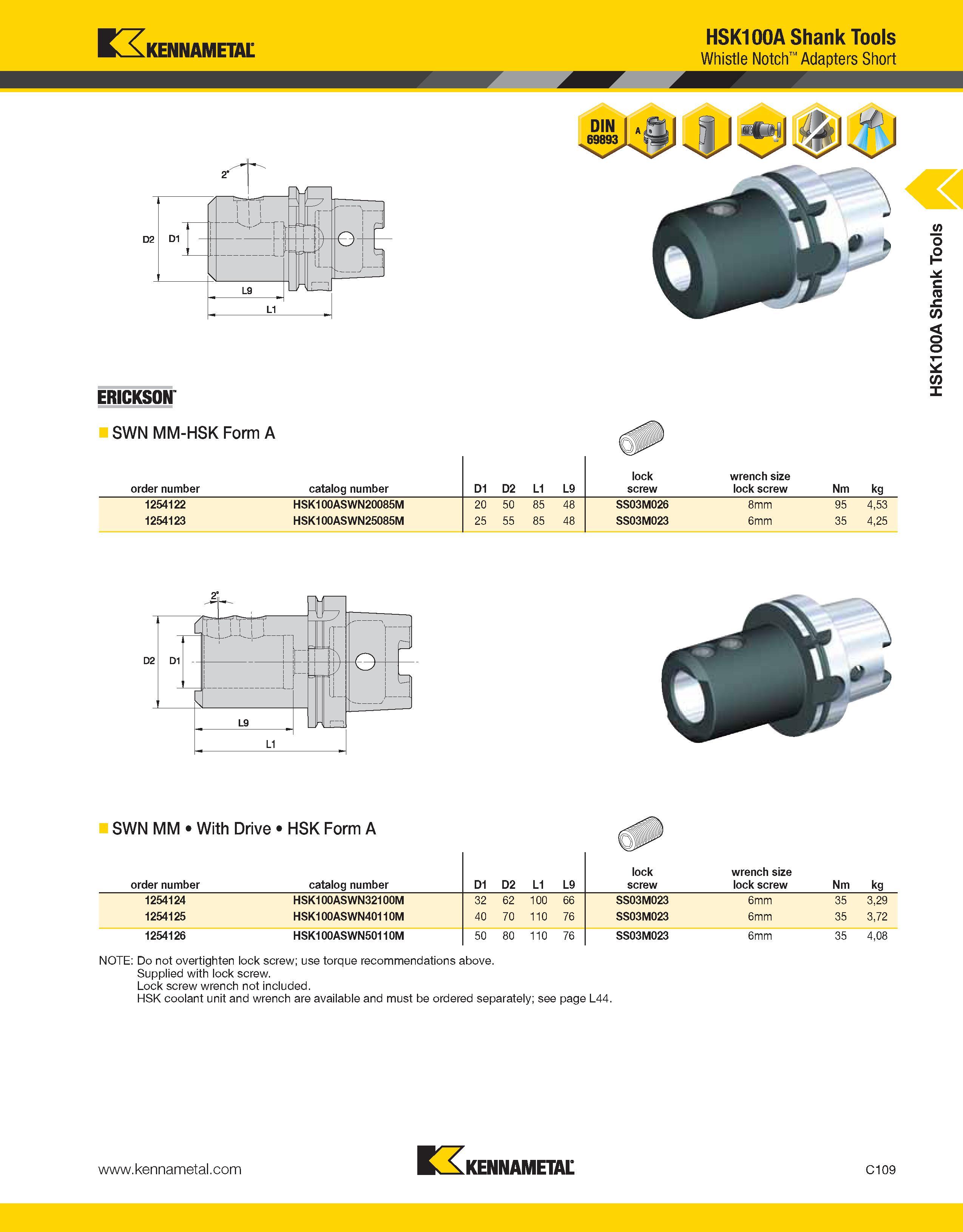 805 Kennametal HSK100A Shank Tools Whistle Notch Adapters Short ERICKSON SWN MM-HSK Form A order number catalog number D1 D2 L1 L9 lock screw wrench Каталог KENNAMETAL 2013 Инструментальная оснастка и вспомогательный инструмент для универсальных металлорежущих станков и обрабатывающих центров с ЧПУ Стр. C109