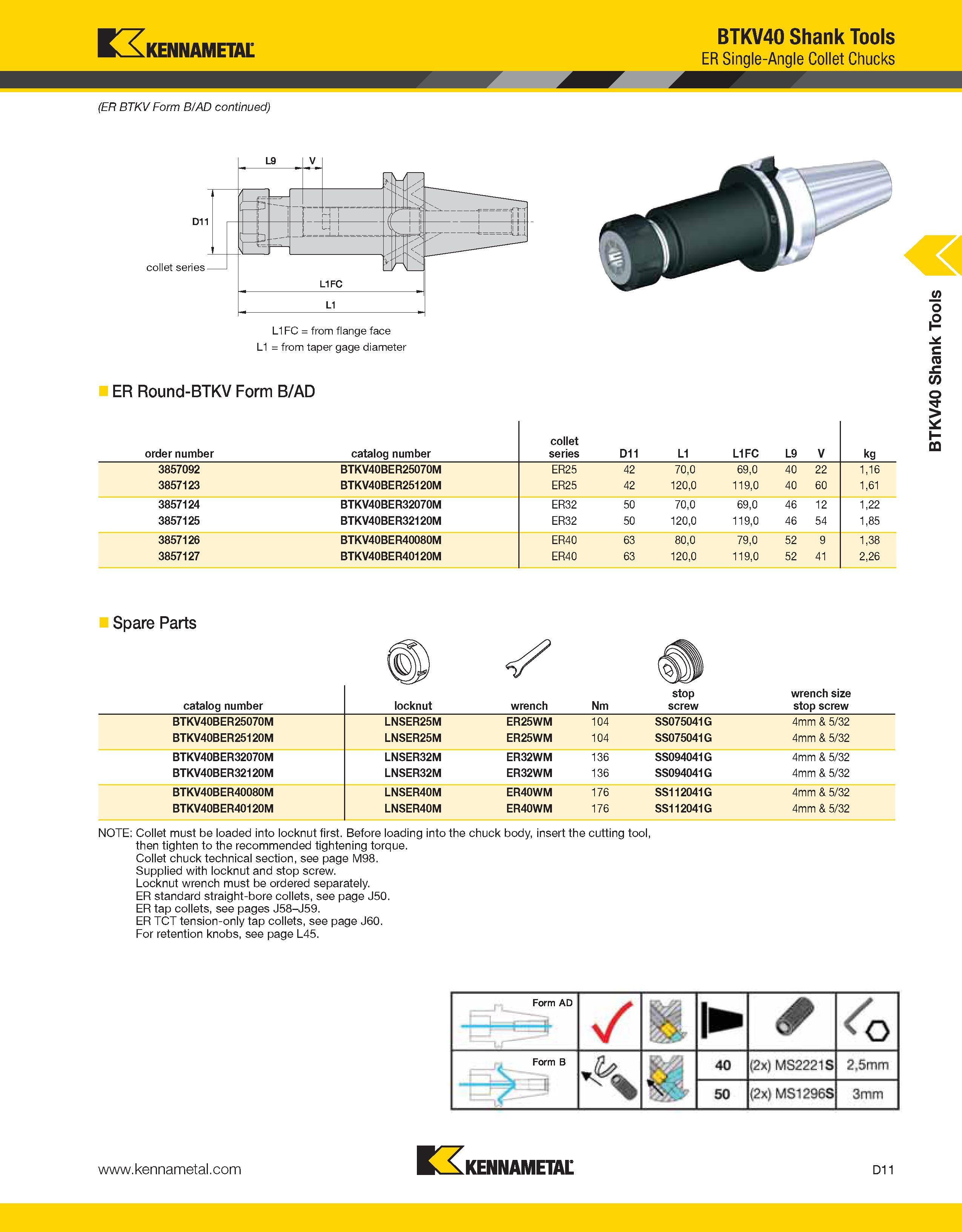 873 ifEMMAMETAr BTKV40 Shank Tools ivtNNAlVlt IAL ER Single-Angle Collet Chucks (ER BTKV Form B/AD continued) L1FC = from flange face L1 = from taper Каталог KENNAMETAL 2013 Инструментальная оснастка и вспомогательный инструмент для универсальных металлорежущих станков и обрабатывающих центров с ЧПУ Стр. D11