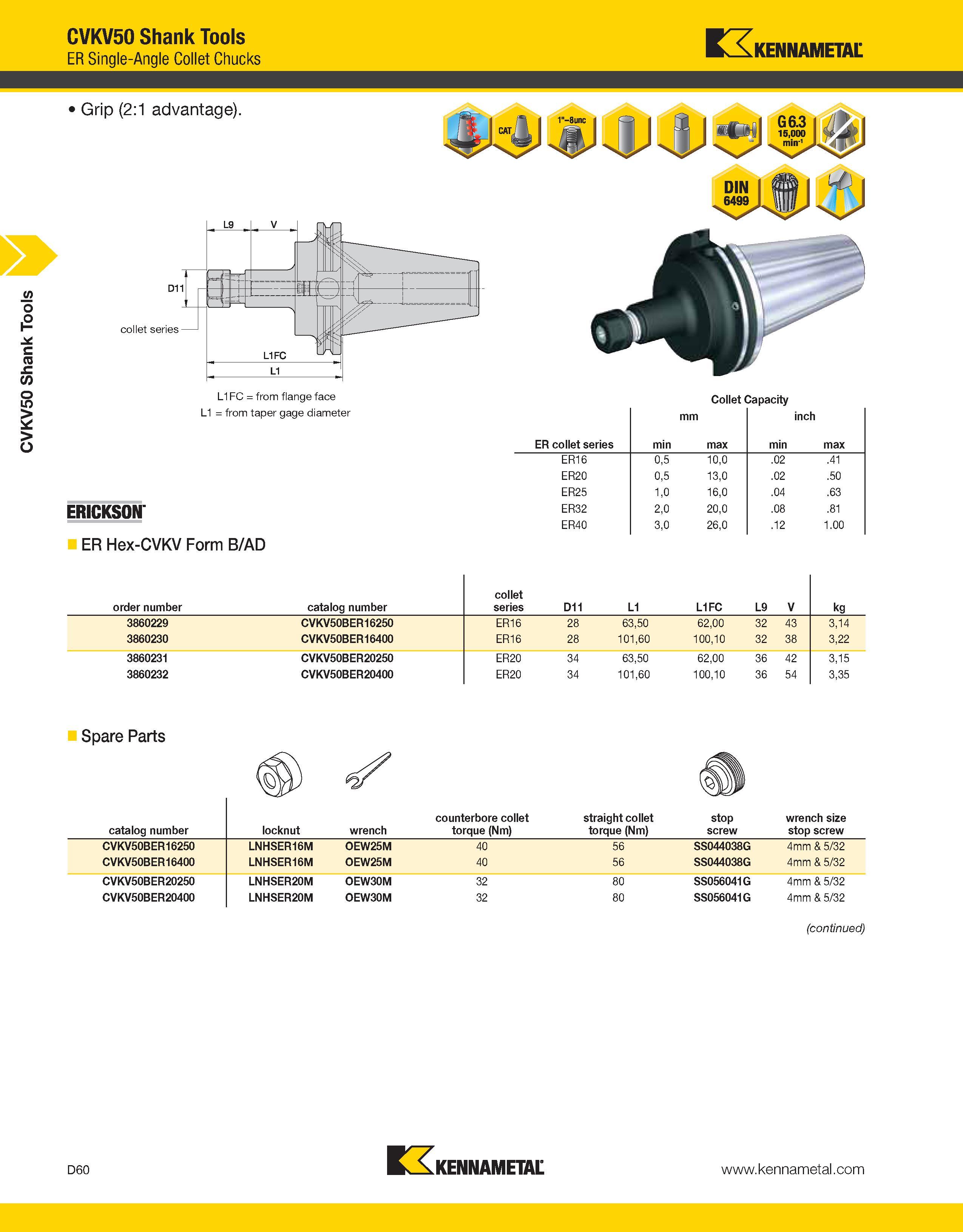 922 CVKV50 Shank Tools CVKV50 Shank Tools ER Single-Angle Collet Chucks Kennametal Grip (2:1 advantage) G6 3 15,000 min1 jsiSJZi L1FC = from flange f Каталог KENNAMETAL 2013 Инструментальная оснастка и вспомогательный инструмент для универсальных металлорежущих станков и обрабатывающих центров с ЧПУ Стр. D60
