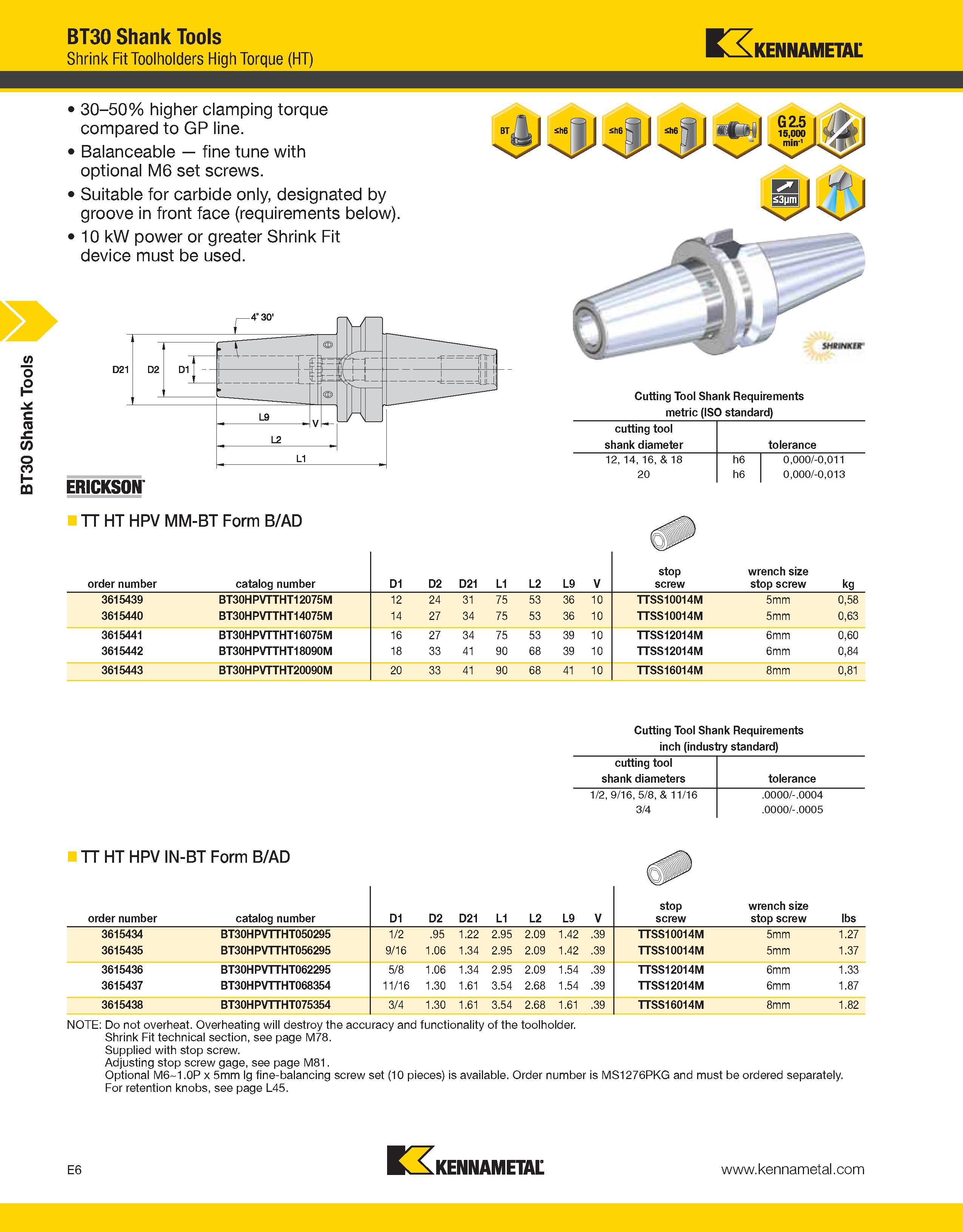 936 BT30 Shank Tools BT30 Shank Tools Shrink Fit Toolholders High Torque (HT) Kennametal 30-50% higher clamping torque compared to GP line Balanceabl Каталог KENNAMETAL 2013 Инструментальная оснастка и вспомогательный инструмент для универсальных металлорежущих станков и обрабатывающих центров с ЧПУ Стр. E6
